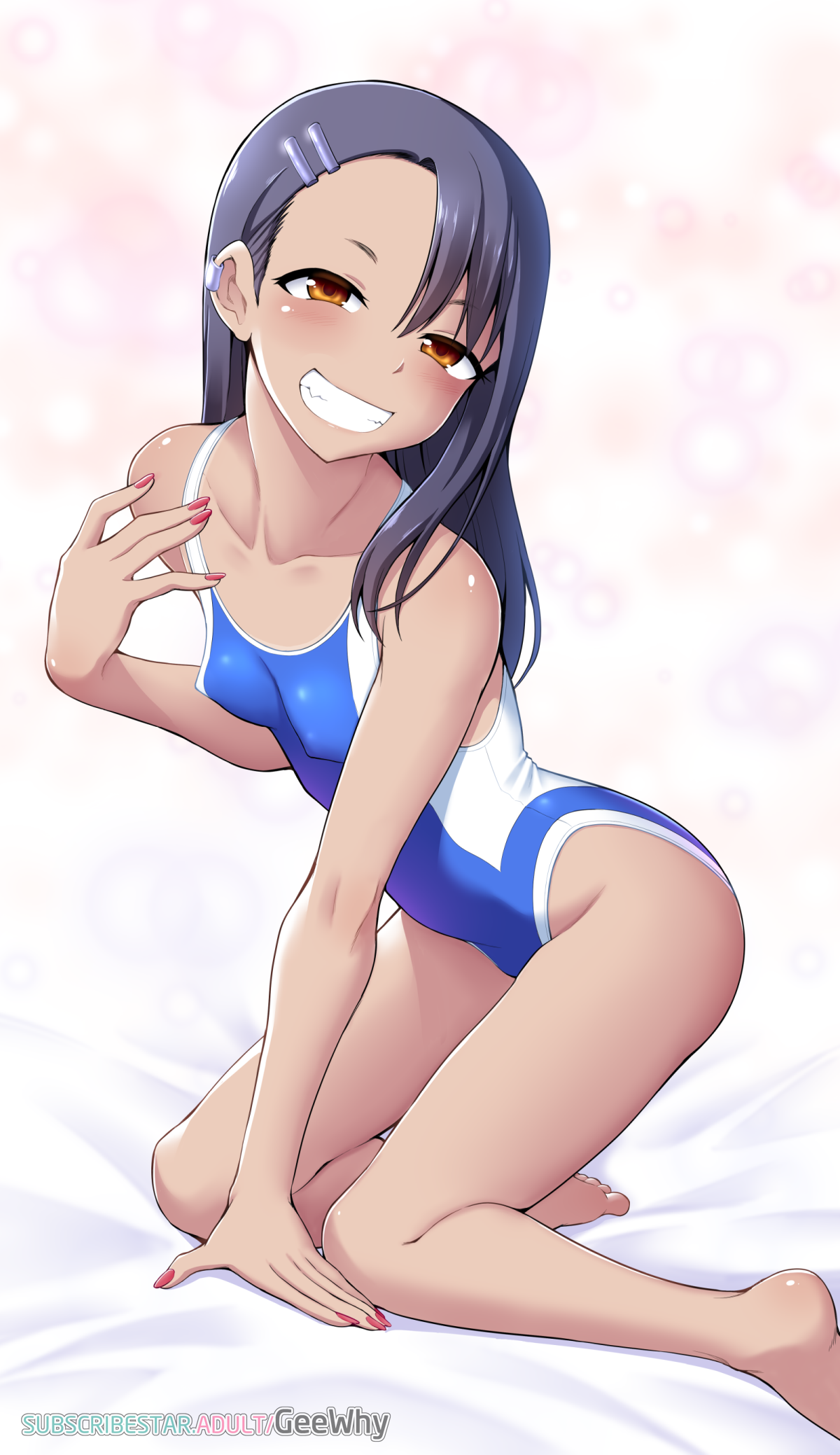1girls, arms behind back, black hair, blue swimsuit, blush, breasts, ear piercing, earrings, feet, female, female focus, female only, ghettoyouth, grin, hairclip, hayase nagatoro, human, legs, long hair, looking at viewer, nail polish, nipple bulge, one-piece swimsuit, piercing, pink nails, please don't bully me, nagatoro, sheets, simple background, small breasts, smile, solo, solo female, solo focus, swimsuit, toes