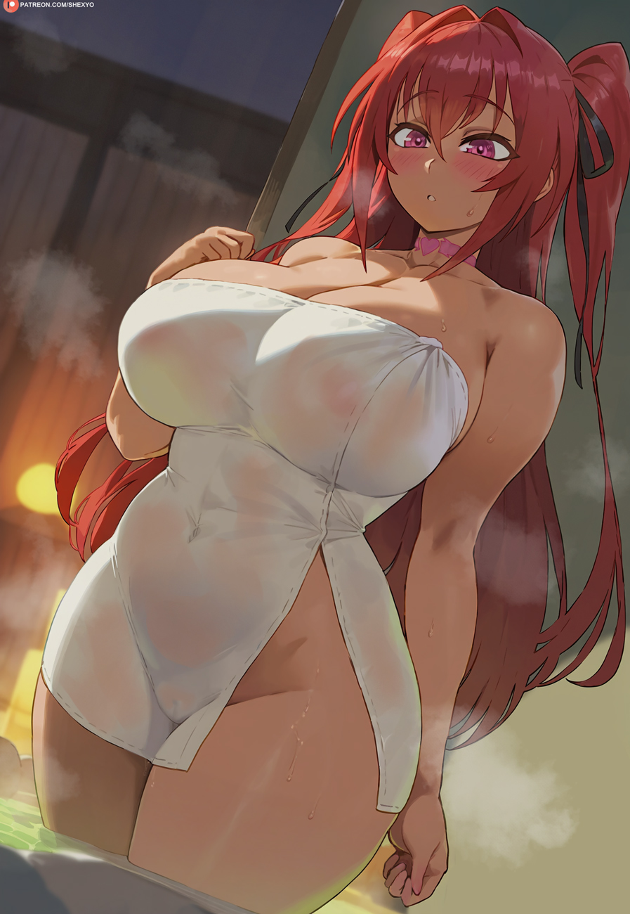 1girls breasts female female_only huge_breasts long_hair naruse_mio naughty_face onsen red_hair shexyo shinmai_maou_no_testament towel