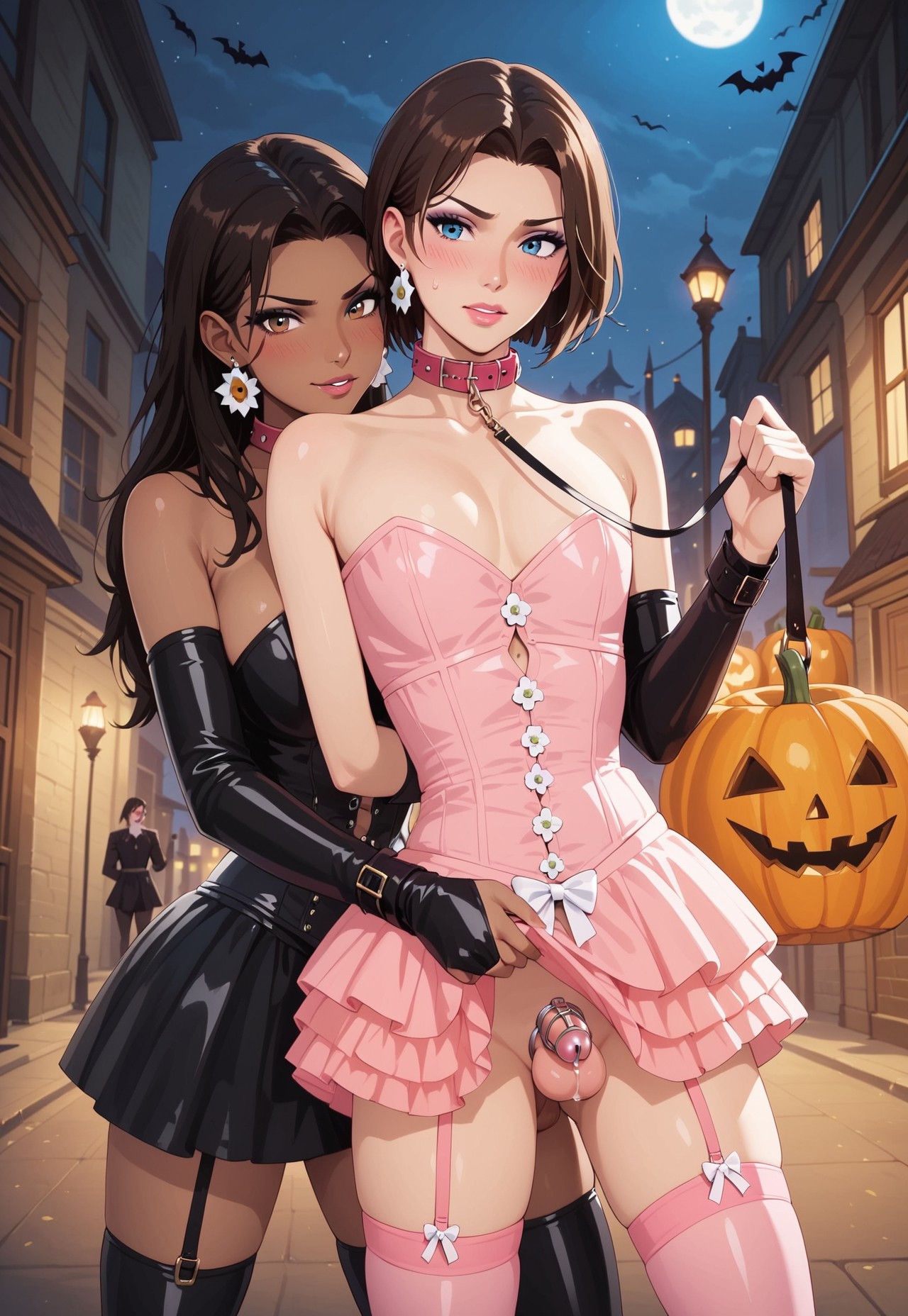 1femboy, ai generated, brunette, chastity cage, exposed, germansissy, humiliated, latex dress, male, sissy, sissy dress, thighhighs