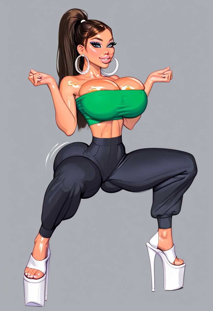 ai ai_generated asian asian_female bimbo bimbo_body bimbo_lips brown_hair dumptruck_ass front_view high_heels hoop_earrings hoop_earrings_oversized megha_luxe oc oiled_breasts original_character platform_heels twerking