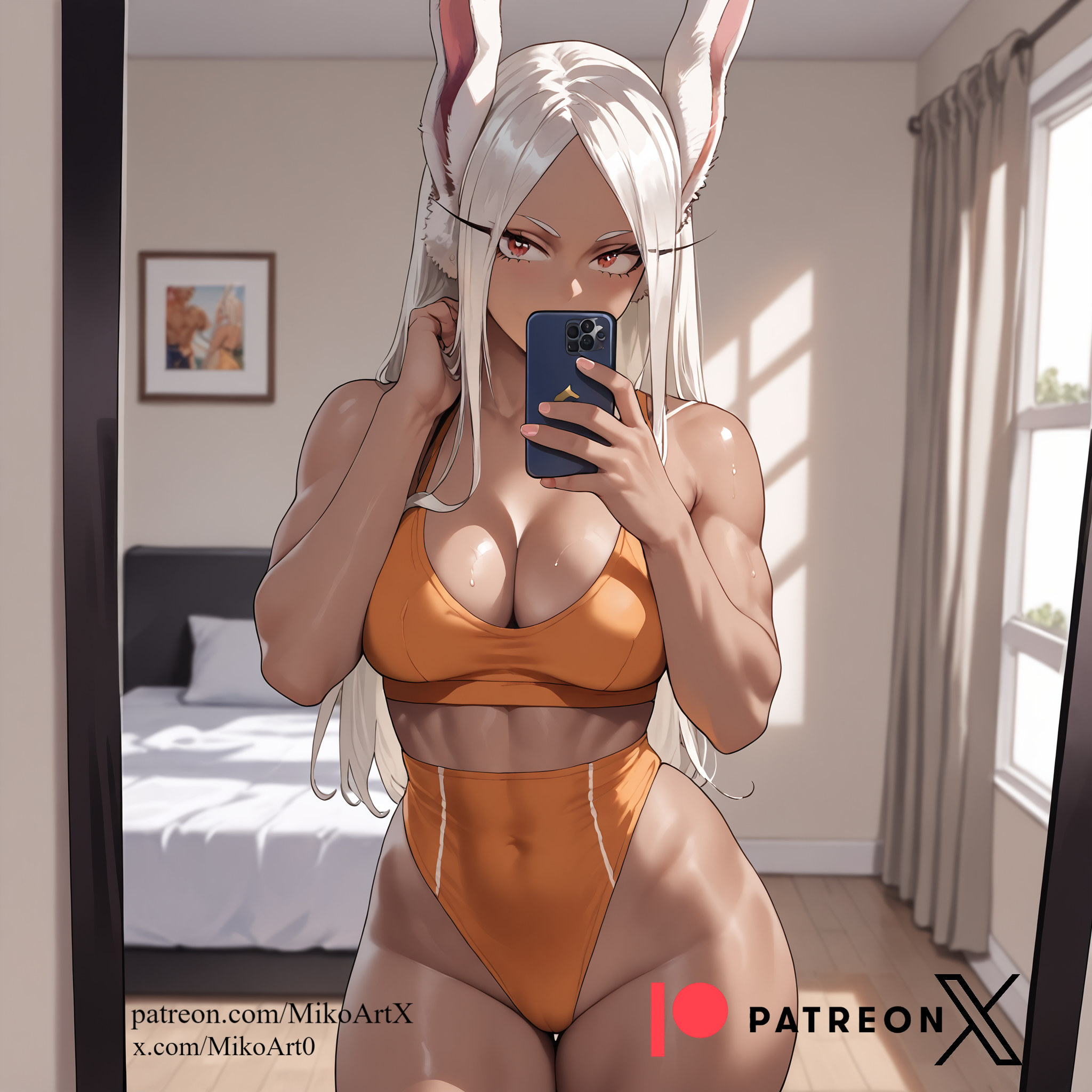 1girls, ai generated, bunny ears, female, mirror selfie, miruko, muscular, muscular female, my hero academia, orange eyes, rumi usagiyama, white hair