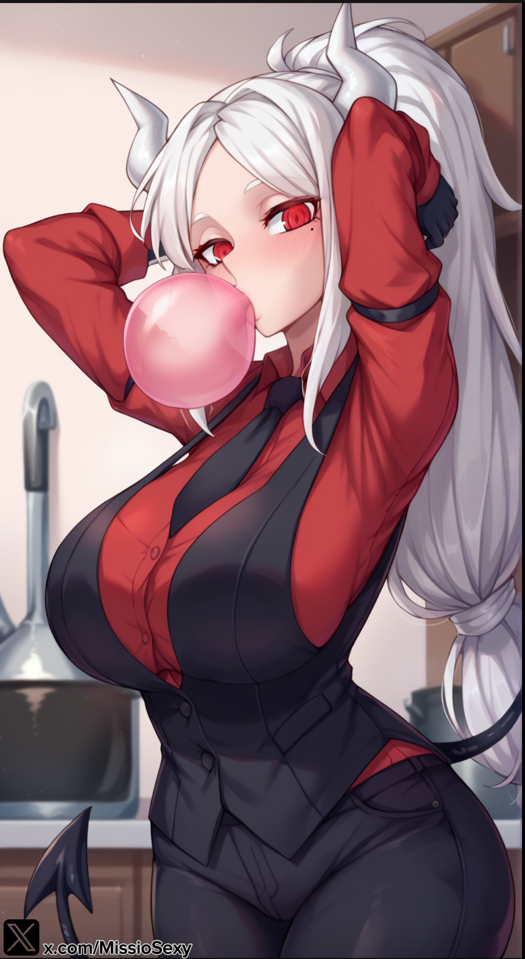 1girls ai_generated big_breasts blowing_bubble_gum blowing_bubblegum breasts bubble_gum bubblegum cerberus_(helltaker) chewing_gum gum helltaker huge_breasts miss_io stable_diffusion tagme tongue_out