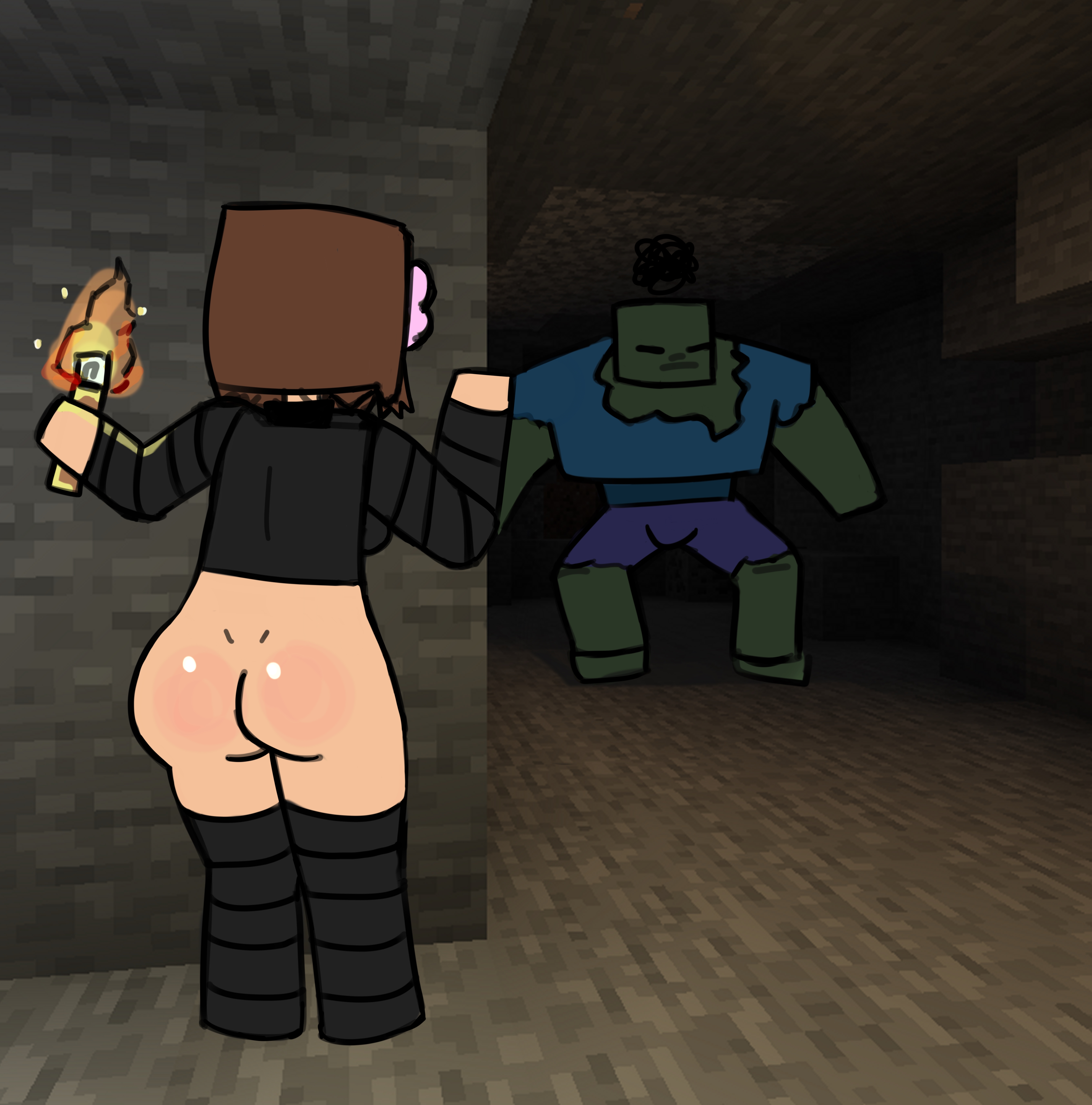1boy, 1girls, ass, borrowed character, brown hair, cave, creature, female, from behind, half dressed, horny female, humanoid, in cave, inside cave, jenny belle (slipperyt), male, minecraft, minecraft mob, mob, monster, mutant zombie, nicechan, original character, stockings, tagme, torch, zombie, zombie (minecraft)