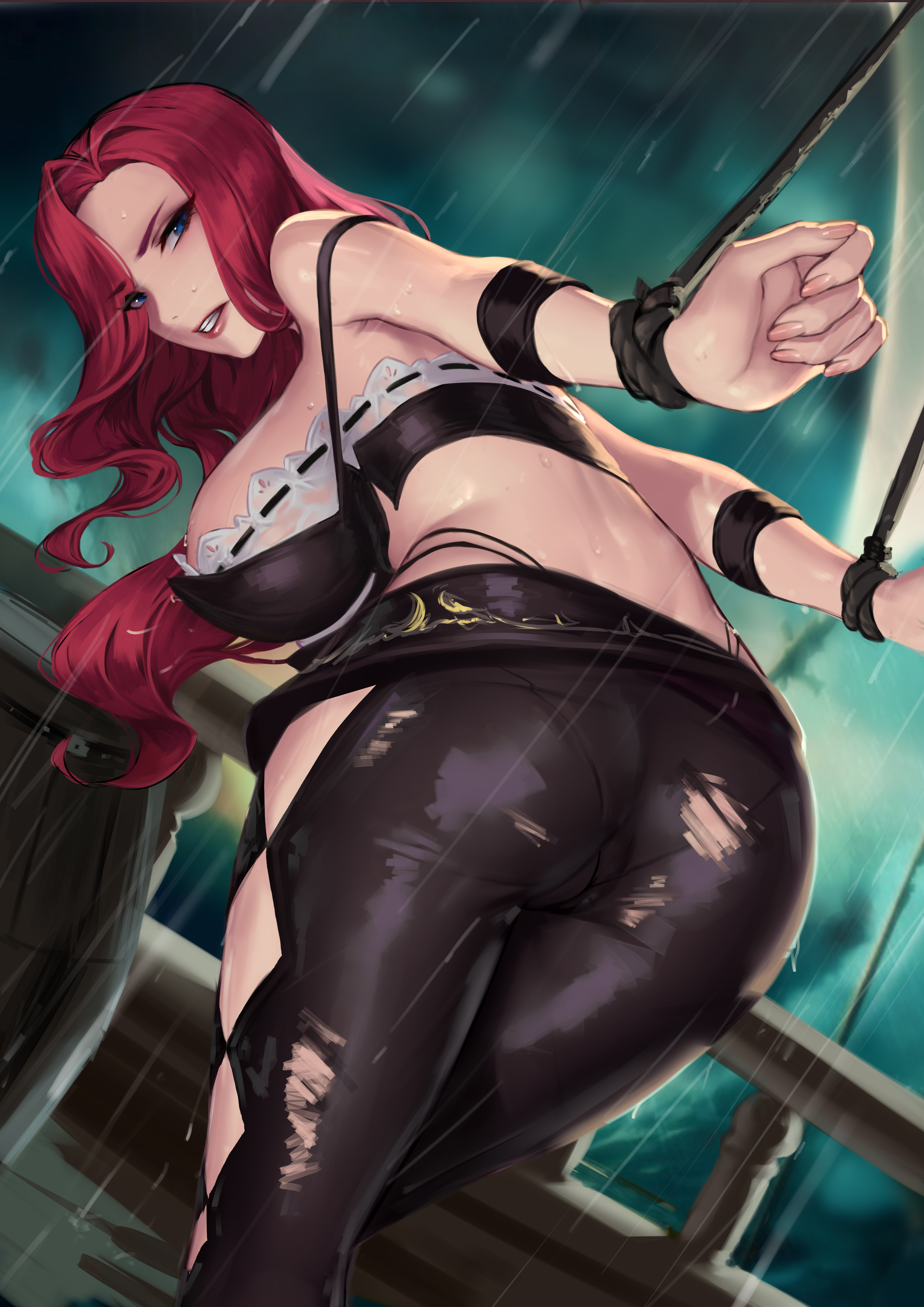 1girls, angry, arms behind back, ass, bent over, blue eyes, bondage, bound, breasts, captive, cianyo, dimples of venus, female, gritted teeth, hands tied, large breasts, league of legends, looking at viewer, looking back, miss fortune, pants, raining, red hair, restrained, riot games, ripped pants, rope, rope bondage, skimpy, slave, tied hands, tied up, torn clothes, torn clothing