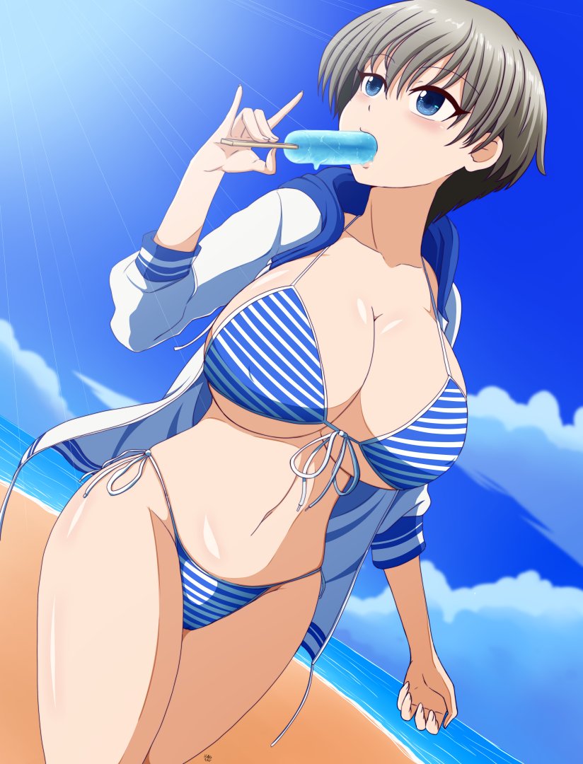 1girls, beach, big breasts, bikini, blue eyes, breasts, female, female only, grey hair, popsicle, short hair, silver hair, solo, striped bikini, swimsuit, uzaki hana, uzaki-chan wa asobitai!