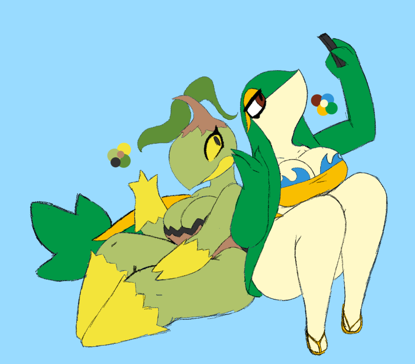 artesjsc big_breasts breasts cleavage female huge_breasts pokemon pokemon_(species) snivy tagme thick_thighs wide_hips