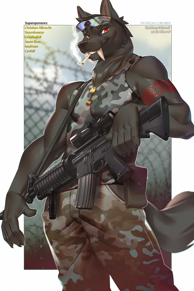 2016 acog_scope anthro ar-15 ar_platform assault_rifle bag banana_magazine barbed_wire belt_pouch biped black_body black_fur blackfang border bottomwear camo canid canine canis chain-link_fence cigarette claws clothed clothing dog_tags english_text eyewear fangs fence foregrip forward_grip fur glasses grey_body grey_fur gun jewelry m4 male mammal miles_df muscular muscular_anthro muscular_male necklace pants portrait ranged_weapon red_eyes rifle sabertooth_(anatomy) safety_glasses scope shirt sleeveless smile smoke smoking solo standing stoner_rifle tail tattoo teeth text three-quarter_portrait three-quarter_view topwear urban_camo url weapon white_border wolf