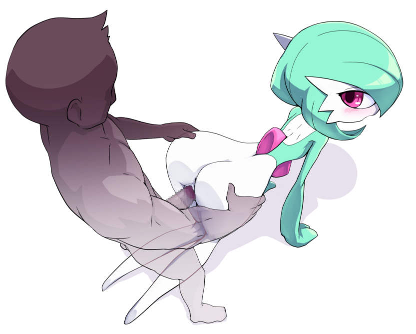 1boy, 1girls, all fours, anthro, anthrofied, anus, ass, blush, breasts, doggy style, duo, erection, faceless male, female, flat chest, from behind position, gardevoir, green hair, hair, human, human on humanoid, human penetrating, human penetrating humanoid, humanoid, humanoid penetrated, interspecies, looking back, male, male human/female pokemon, male on humanoid, male penetrating, male/female, mammal, nintendo, no breasts, nollety, nude, penetration, penis, pokémon (species), pokemon, pokemon (species), pokemon rse, pokephilia, pussy, red eyes, sex, simple background, smile, thick thighs, vaginal penetration, video games, white background, wide hips