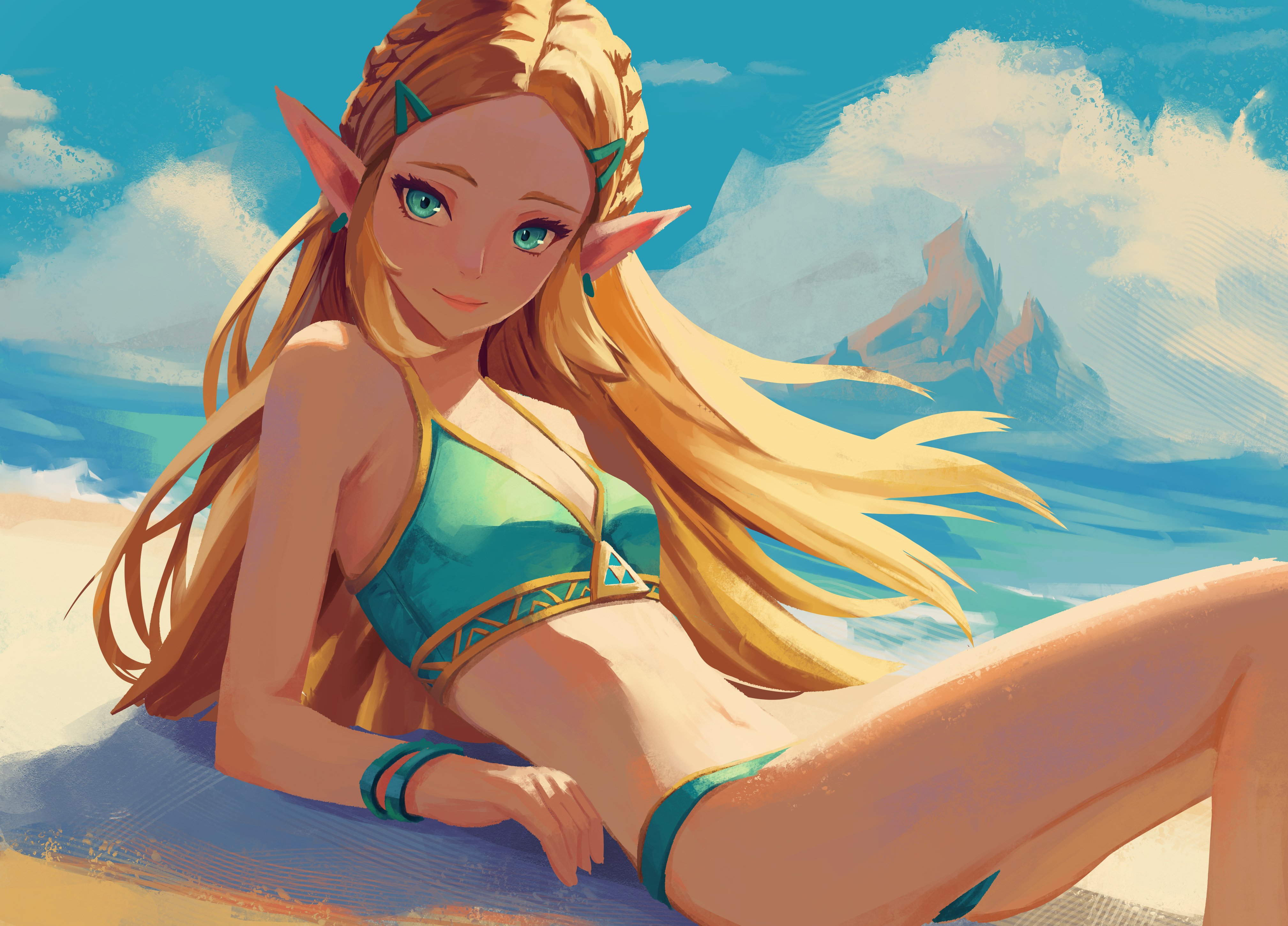1girls, absurdres, alternate costume, beach, bikini, blonde hair, blue eyes, blue sky, braid, breasts, breath of the wild, closed mouth, cloud, commentary, crown braid, elbow rest, english commentary, female, female only, fully clothed, green bikini, hair ornament, hairclip, highres, long hair, looking at viewer, lying, navel, nintendo, ocean, outdoors, parted bangs, pointy ears, princess zelda, sky, small breasts, smile, solo, solo female, swimsuit, the legend of zelda, the legend of zelda: breath of the wild, triforce, yan kodiac, zelda (breath of the wild)
