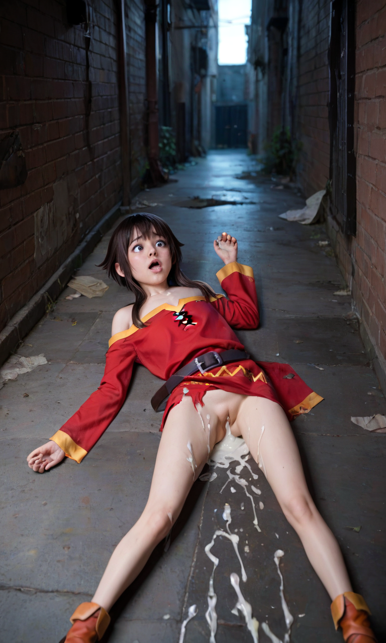 after_rape after_sex ai_generated alley cum_in_pussy cum_inside lying_on_side megumin