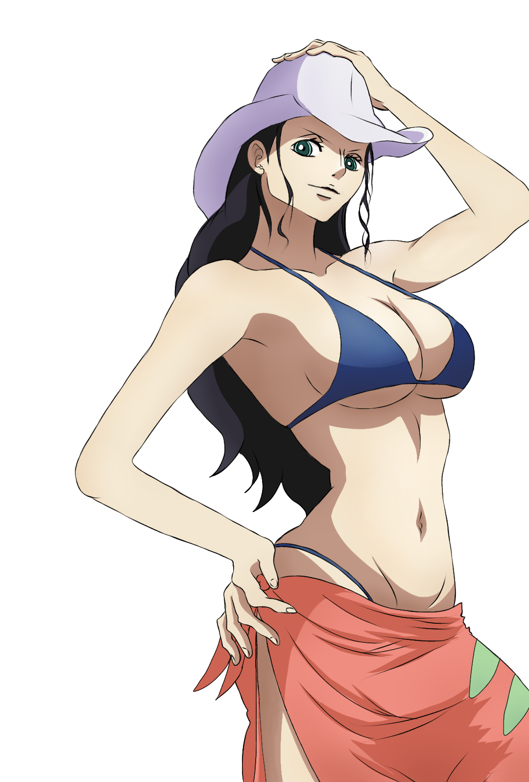 1girls, artist request, bikini, black hair, black-haired female, blue eyes, breasts, cleavage, female, female only, hat, highres, large breasts, long hair, looking at viewer, nico robin, one piece, sarong, swimsuit, tagme, underboob, white background