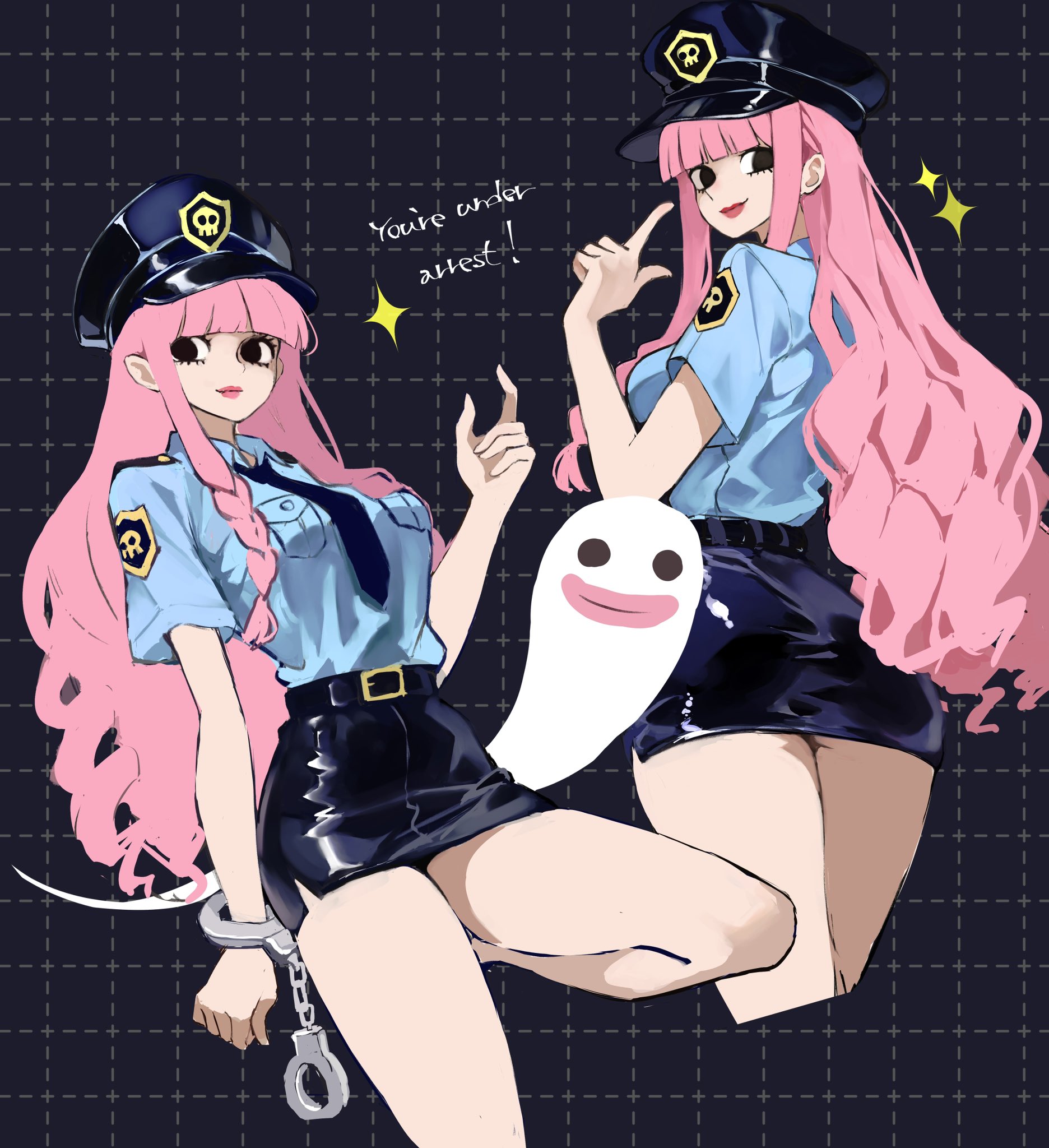 1girls, alternate costume, bare legs, belt, beltskirt, black background, black eyes, black hat, black necktie, black skirt, blue shirt, blunt bangs, breasts, clothing, commentary request, cropped legs, cuffs, dotted line, english text, female, female only, finger gun, grid background, handcuffs, hat, highres, hitodama, kasumi 6, kasumi6, long hair, looking at viewer, medium breasts, miniskirt, multiple views, necktie, no pupils, one piece, partial commentary, peaked cap, pencil skirt, perona, pink hair, pink-haired female, police, police hat, police uniform, policewoman, shirt, shirt tucked in, short sleeves, side slit, skirt, smile, sparkle, underbutt, very long hair