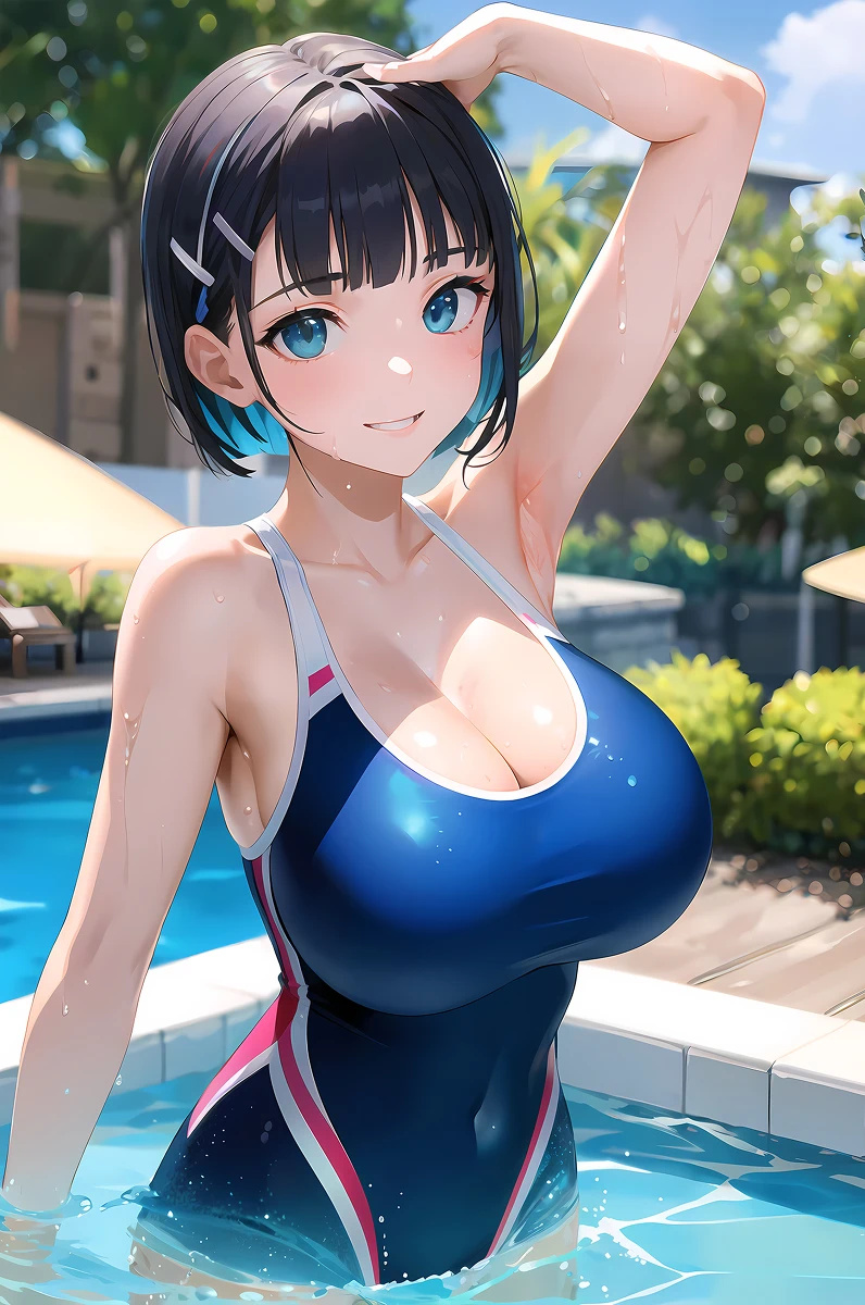 ai_generated asian asian_female bare_legs black_hair blue_eyes gigantic_breasts huge_breasts huge_thighs imayoai kirigaya_suguha light-skinned_female light_skin looking_at_viewer massive_breasts one-piece_swimsuit short_hair smiling solo_female squatting sweat sweatdrop swimsuit sword_art_online thick_body thick_female thick_thighs thighs voluptuous voluptuous_female