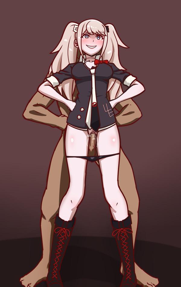 1boy, 1girls, artist request, black panties, blush, danganronpa, dark skin, dark-skinned male, faceless male, female, junko enoshima, male, mind control, panties, panties down, pussy, smooth skin, smug, unaware