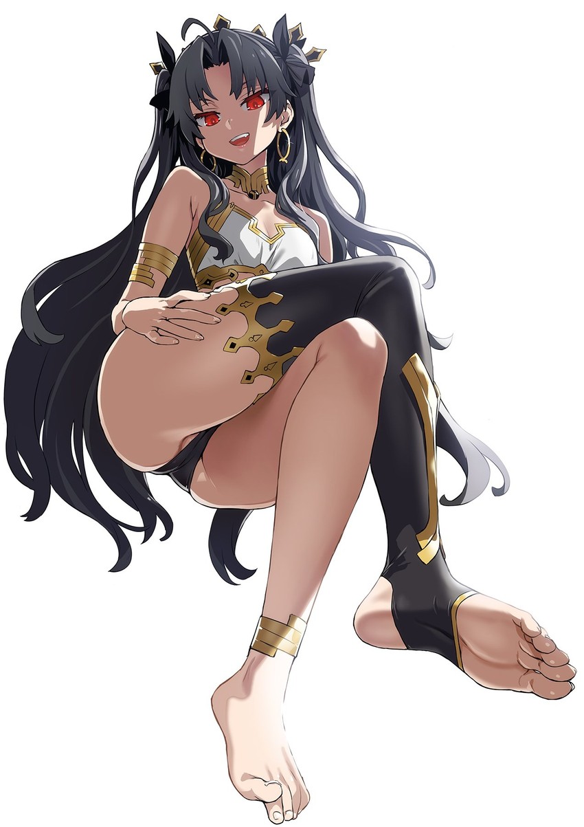 1girls, anklet, asanagi, asymmetrical legwear, black hair, breasts, brown hair, choker, crossed legs, dark blue hair, dark hair, earrings, eyelashes, fate (series), fate/grand order, feet, female, female only, foot fetish, hair ornament, ishtar (fate), jewelry, long hair, looking at viewer, looking down, naughty face, oerba yun fang, pussy, red eyes, seductive, simple background, small breasts, smile, soles, solo, stirrup legwear, thick thighs, thighhighs, toeless legwear, toes, twintails, white background
