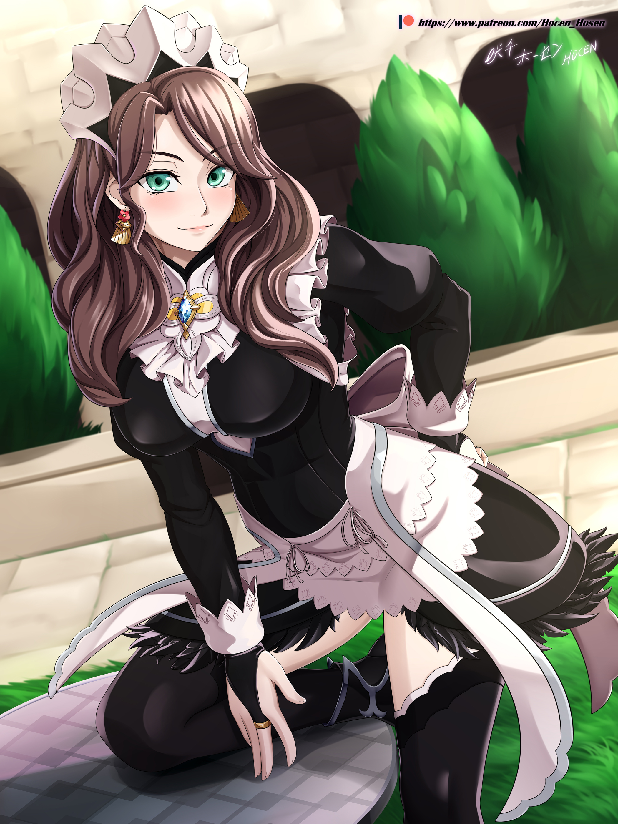 alternate costume, breasts, brown hair, dorothea arnault, ear piercing, earrings, female, female only, fire emblem, fire emblem: three houses, fully clothed, green eyes, hocen, large breasts, looking at viewer, maid, maid headdress, maid uniform, nintendo, patreon, patreon username, smile, tagme, url, wide hips
