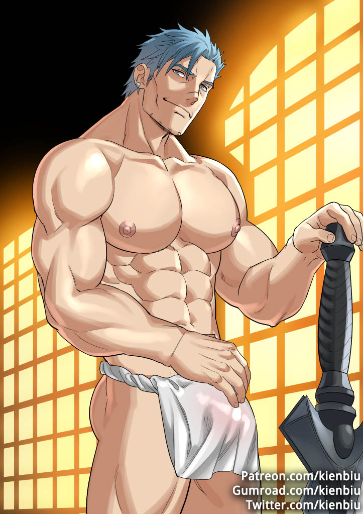 1boy abs bara beard_stubble bercouli biceps blue_eyes blue_hair bodybuilder bulge daddy dilf facial_hair fundoshi gay kienbiu loincloth male male_nipples male_only mature_male muscles muscular_male pecs shiny_skin smooth_skinned_male softcore solo sword_art_online uncle zaddy