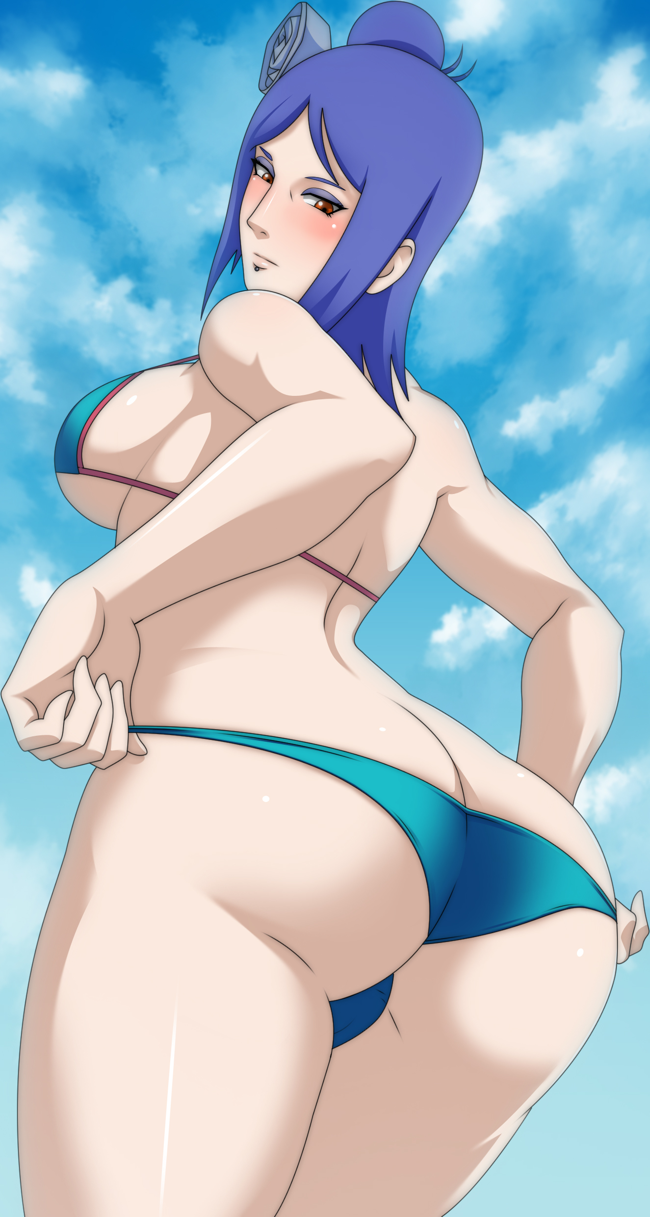1girls, ass, ass cleavage, ass crack, bikini, blue hair, blush, breasts, butt crack, female, female only, flower, from behind, hair bun, hair flower, huge ass, konan, large breasts, looking at viewer, looking down, naruto, naruto (series), naruto shippuden, next one, orange eyes, outdoors, piercing, posterior cleavage, sideboob, solo, tied hair, underboob