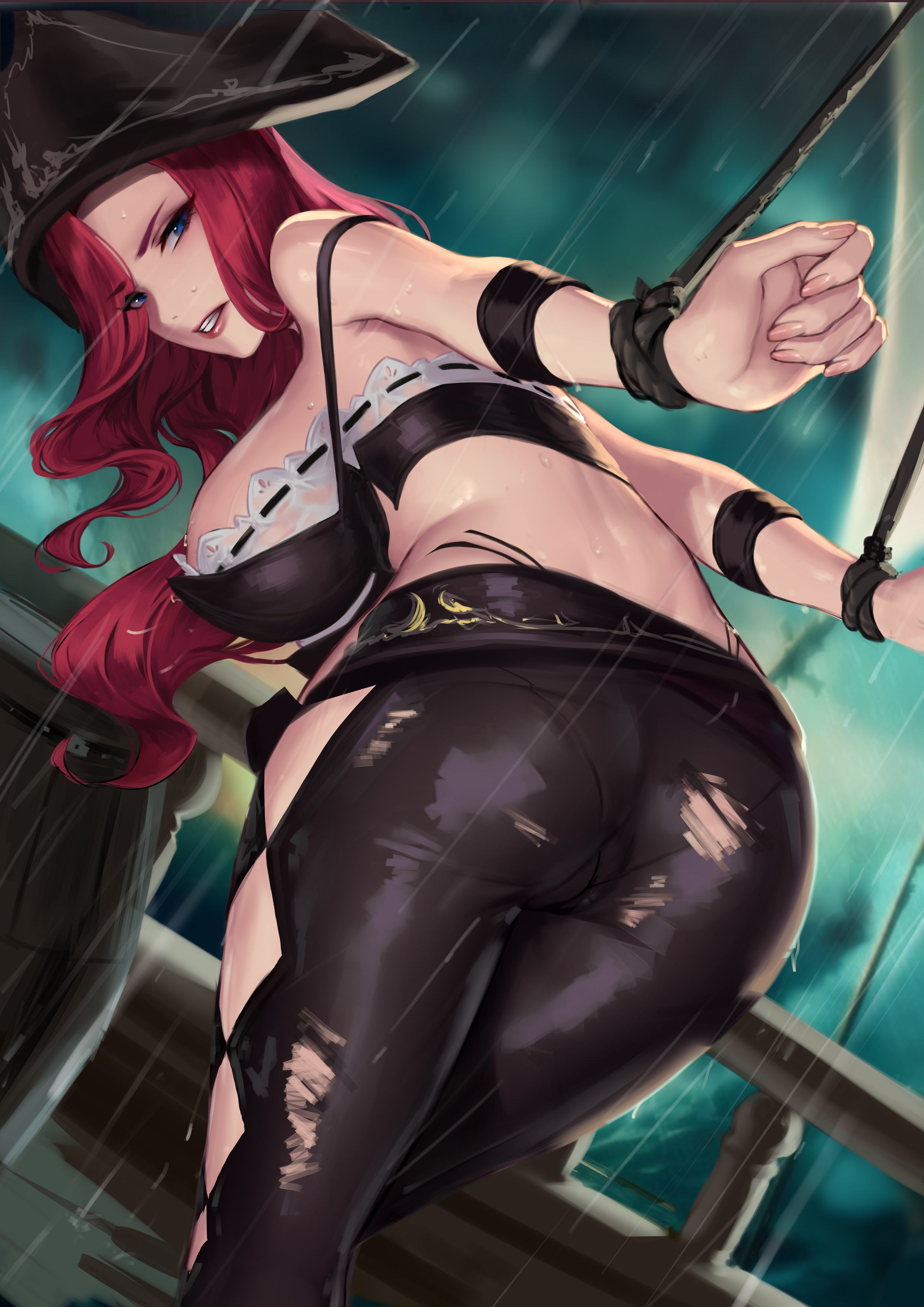 1girls, angry, ass, bent over, blue eyes, breasts, captive, cianyo, eyes visible through hair, female, hands tied, hat, large breasts, league of legends, miss fortune, nail polish, nails, pants, panty peek, raining, red hair, riot games, skimpy clothes, slave, solo, solo female, tied up