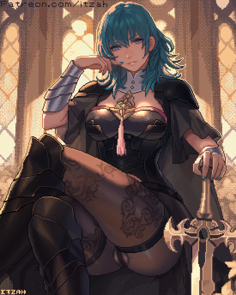 1girls armor armored_female blue_eyes blue_hair byleth_(fire_emblem) byleth_(fire_emblem)_(female) cameltoe crossed_legs fire_emblem fire_emblem:_three_houses flower flowers hourglass_figure itzah lace_trim lace_trimmed_thighhighs large_breasts long_hair looking_at_viewer nintendo painted_nails patreon_username petals pixel_art sitting solo solo_female solo_focus sword thick_thighs wide_hips windows