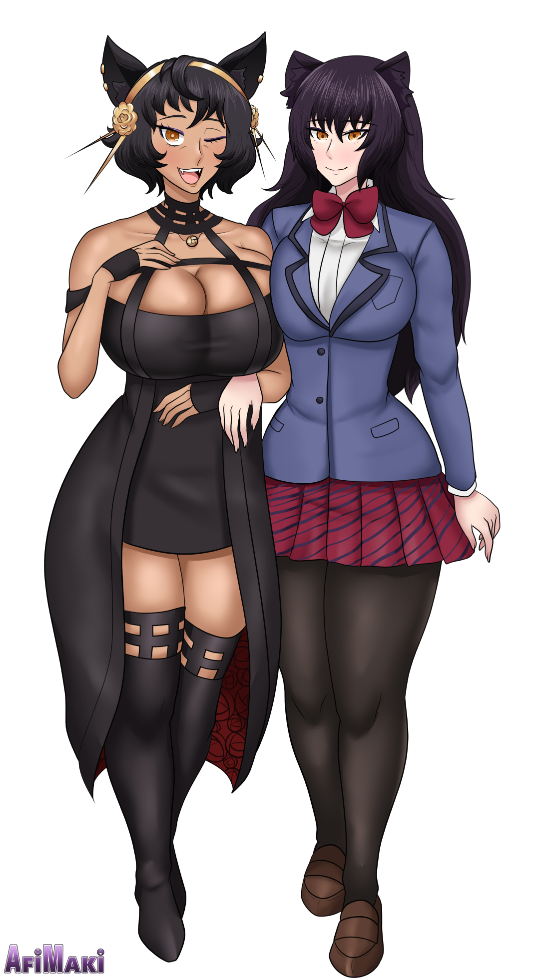 2025, 2d, 2d (artwork), 2girls, afimaki, animal ears, big breasts, black hair, blake belladonna, breasts, cleavage, cosplay, curvy, dark skin, dark-skinned female, female, female only, hourglass figure, huge breasts, kali belladonna, kemonomimi, komi shouko (cosplay), komi-san wa komyushou desu, large breasts, looking at viewer, milf, mother and daughter, multiple females, multiple girls, non-human only, questionable, rwby, school uniform, sfw, simple background, spy x family, thick thighs, thighs, thorn princess (cosplay), white background, wholesome, wink, winking at viewer, yor briar (cosplay)