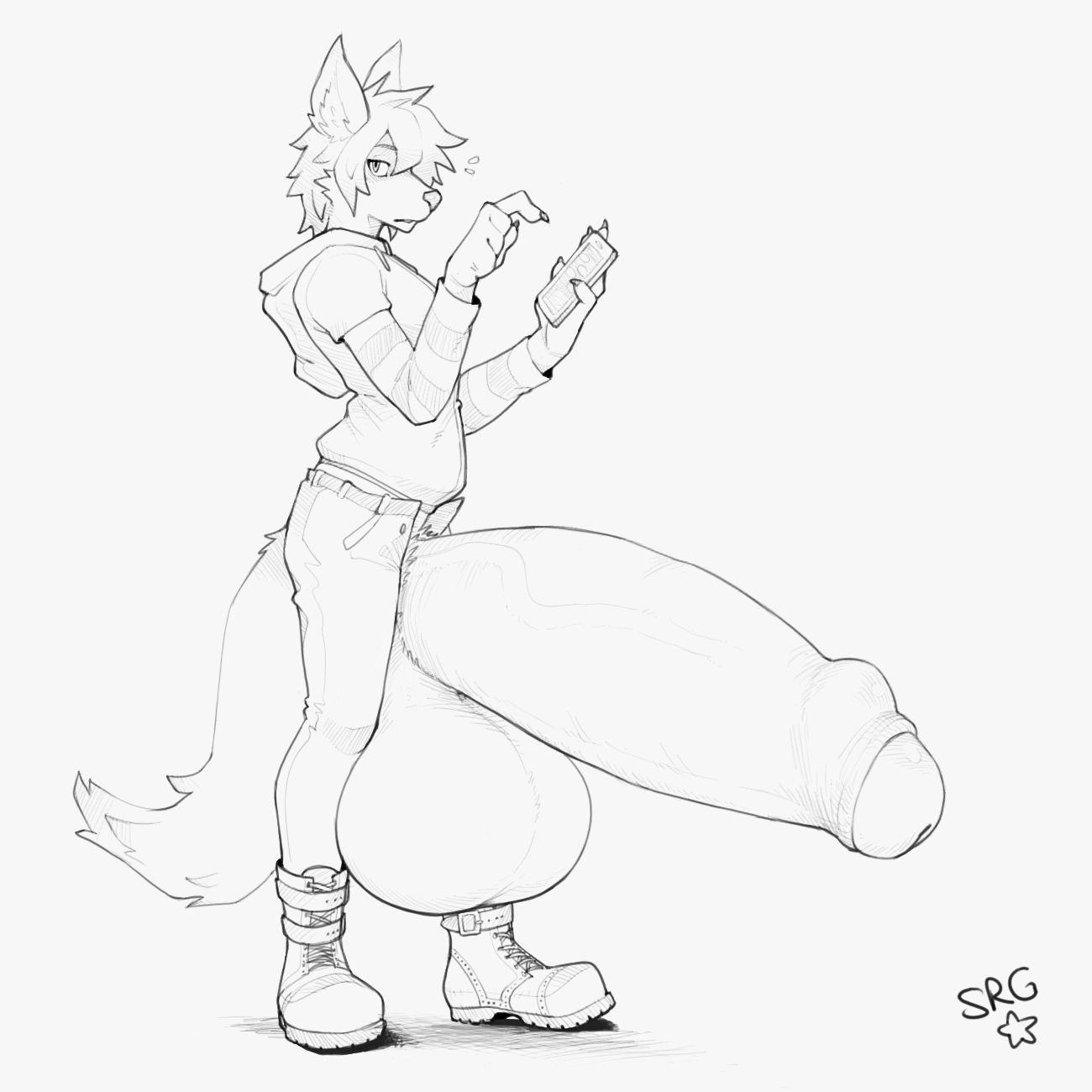 1:1, anthro, balls, big balls, big penis, bodily fluids, boots, canid, canine, clothed, clothing, footwear, foreskin, genitals, glistening, half-erect, hi res, huge balls, huge cock, hyper, hyper balls, hyper genitalia, hyper penis, looking at viewer, male, male only, mammal, monochrome, penis, phone, signature, simple background, smolrainbowgoat, solo, sweat, uncircumcised, uncut, vein, veiny penis