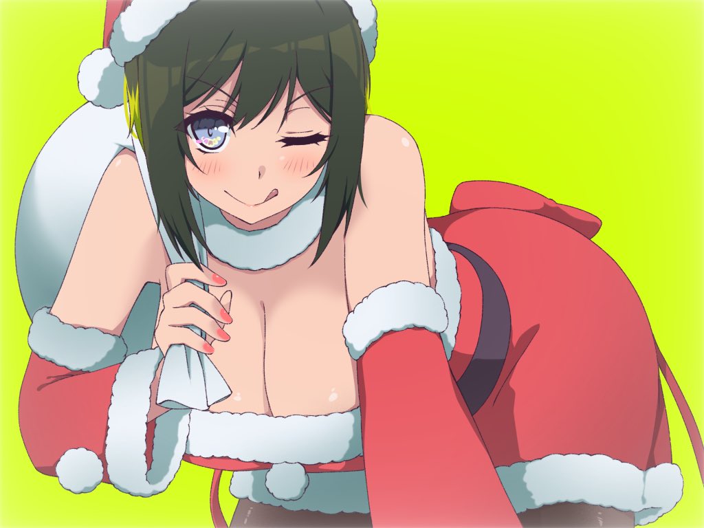 163_(shiromeshi) akashi_maho big_ass blush christmas d4dj hanging_breasts huge_breasts sack santa_costume santa_hat thick_thighs tongue_out