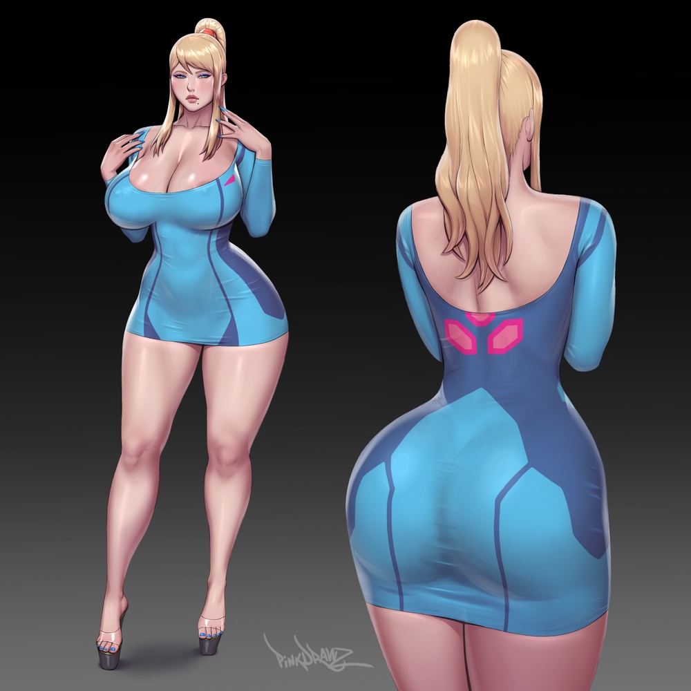 1girls bimbo cleavage female female_only huge_breasts human metroid nintendo pinkdrawz revealing_clothes samus_aran skimpy solo solo_female standing