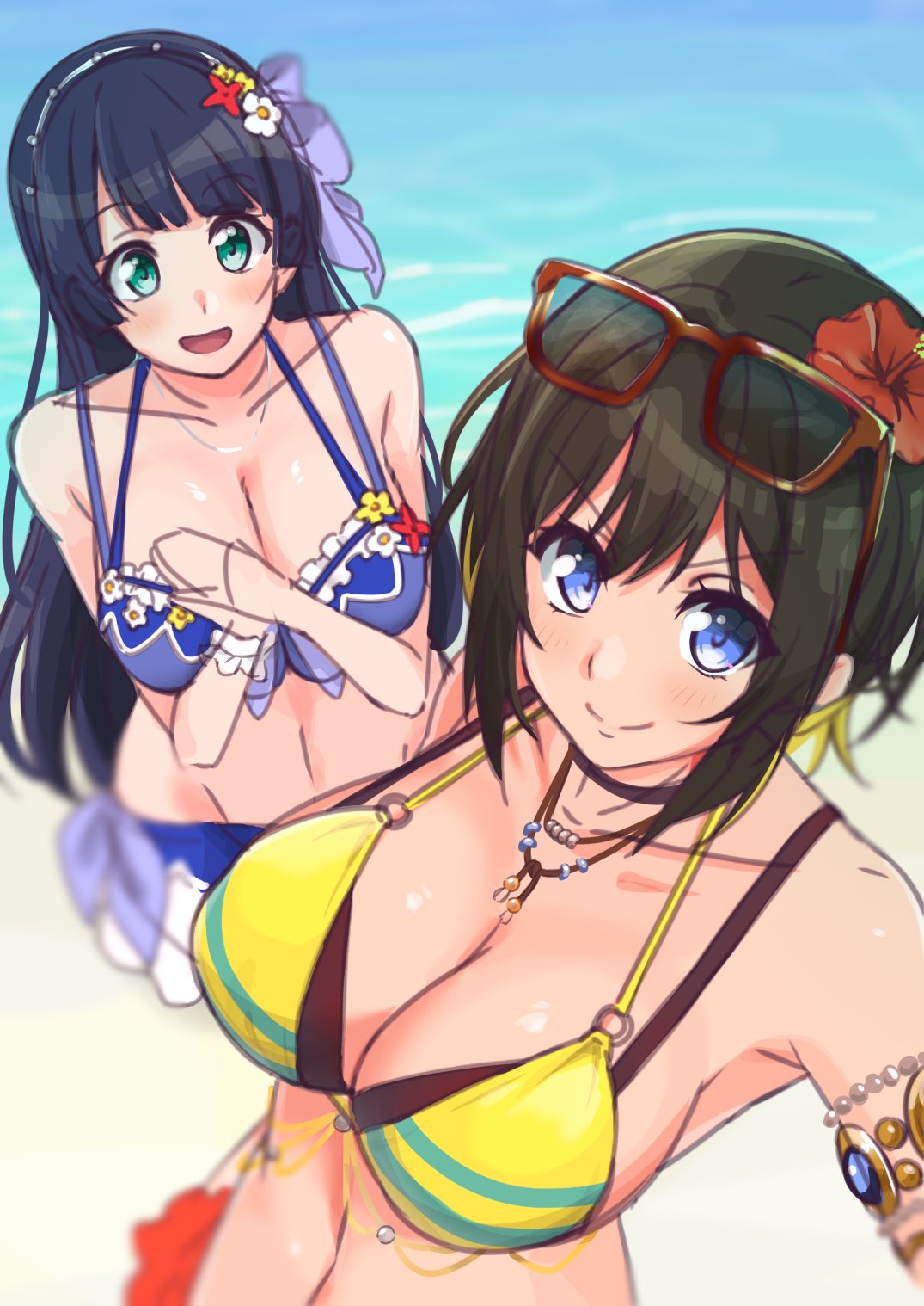 163_(shiromeshi) akashi_maho armpits bangs beach big_breasts blue_eyes blue_hair blush breasts d4dj eyebrows_visible_through_hair flower green_eyes hair_ornament hairband light_skin long_hair looking_at_viewer looking_up medium_hair swimsuit togetsu_rei white_skin