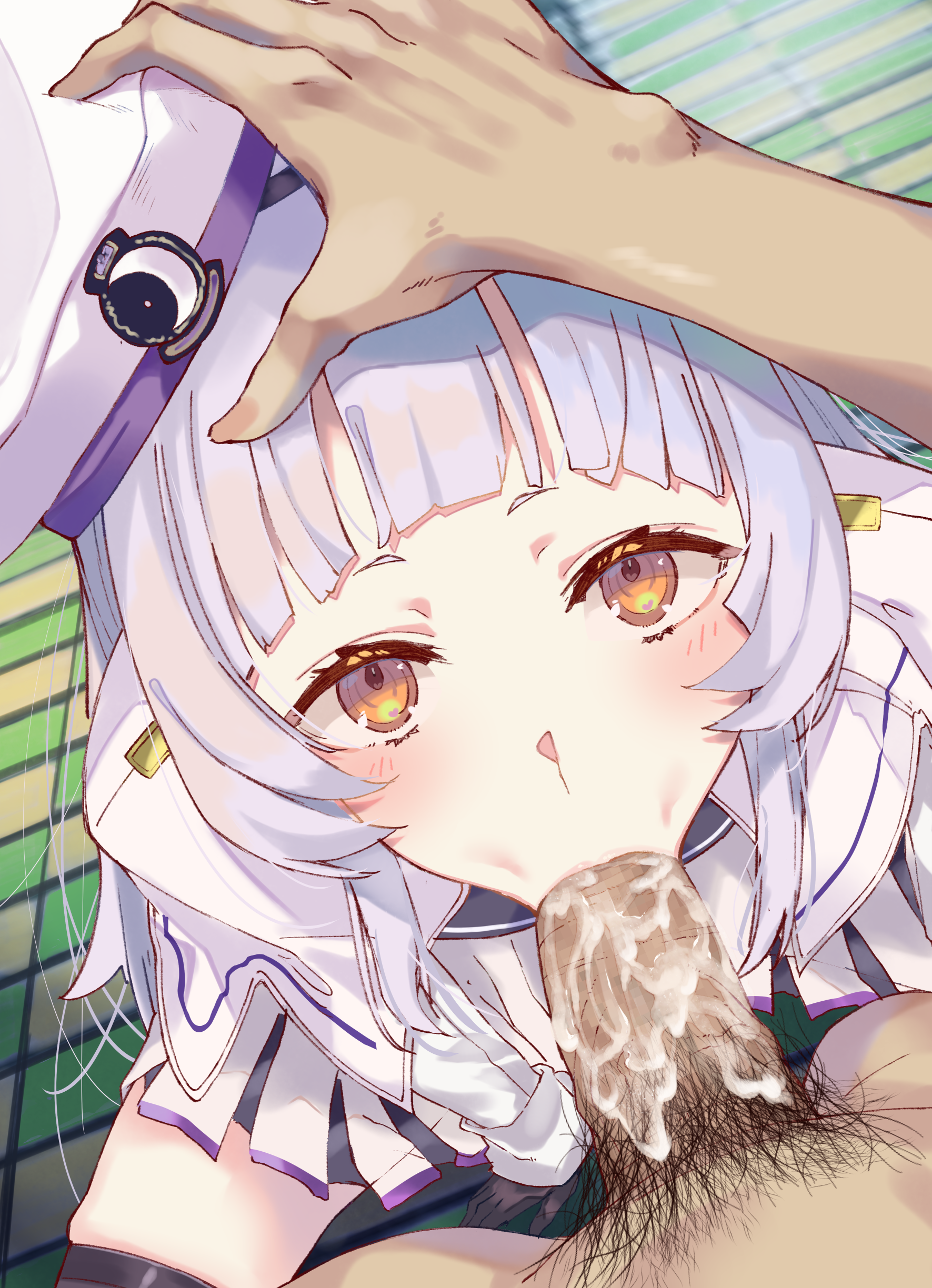 :>=, 1boy, absurdres, bangs, black gloves, black legwear, blunt bangs, blush, cum on penis, fellatio, female, from above, gloves, hand on another's head, hat, highres, hololive, hololive gen 2, hololive japan, jacket, kneeling, long hair, looking at viewer, looking up, male, miniskirt, murasaki shion, oral, orange eyes, penis, pov, purple hair, silver hair, skirt, solo focus, straight, suushiki, thighhighs, thighs, virtual youtuber, white headwear, white jacket, white skirt