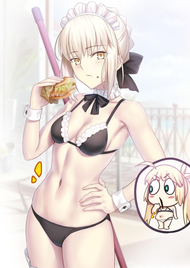 2girls artist_request artoria_pendragon artoria_pendragon_(alter) bikini black_ribbon blonde_hair blush breasts chubby chubby_female eating fate/grand_order fate_(series) female_only hamburger inminent_sex maid maid_bikini normal_breasts saber saber_alter yellow_eyes