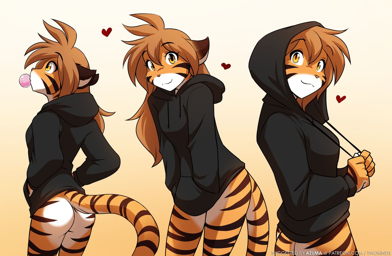 anthro bottomless bubble_gum cat_ears cat_girl cat_tail flora_(twokinds) golden_eyes hoodie light_brown_hair medium_breasts official_art tiger_girl tiger_humanoid tom_fischbach twokinds