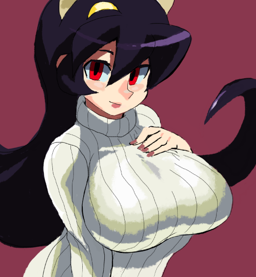 big breasts, black hair, breasts, female, filia (skullgirls), hand on breast, lipstick, samson (skullgirls), skullgirls, smiling, sweater