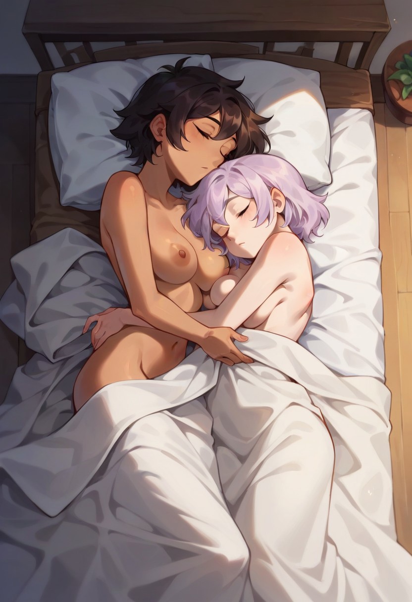 2girls ai_generated amity_blight bed bedroom blanket brown_hair cuddling dark-skinned_female dark_skin dyed_hair head_against_breast height_difference holding holding_partner latina lavender_hair luz_noceda medium_breasts naked naked_female non-sexual_nudity nonsexual_nudity nude nude_female pale-skinned_female pale_skin pointed_ears pointy_ears self_upload short_female short_hair shorter_female shorter_girl sleeping sleeping_nude sleeping_together smex_haver tall_female taller_female taller_girl the_owl_house yuri