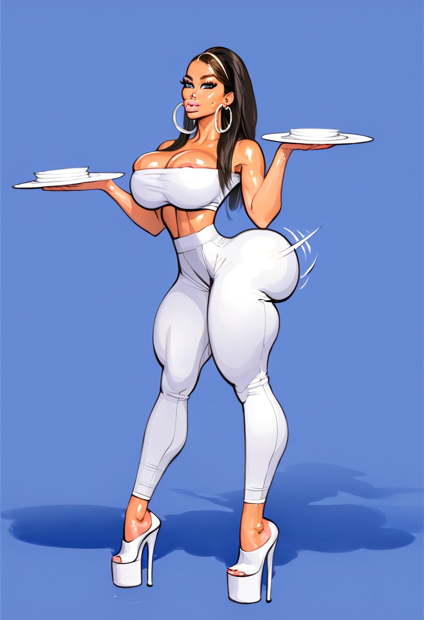 ai ai_generated asian asian_female bimbo bimbo_body bimbo_lips bubble_ass dumptruck_ass high_heels holding_object hoop_earrings hoop_earrings_oversized megha_luxe oc original original_character platform_heels tube_top tubetop waitress