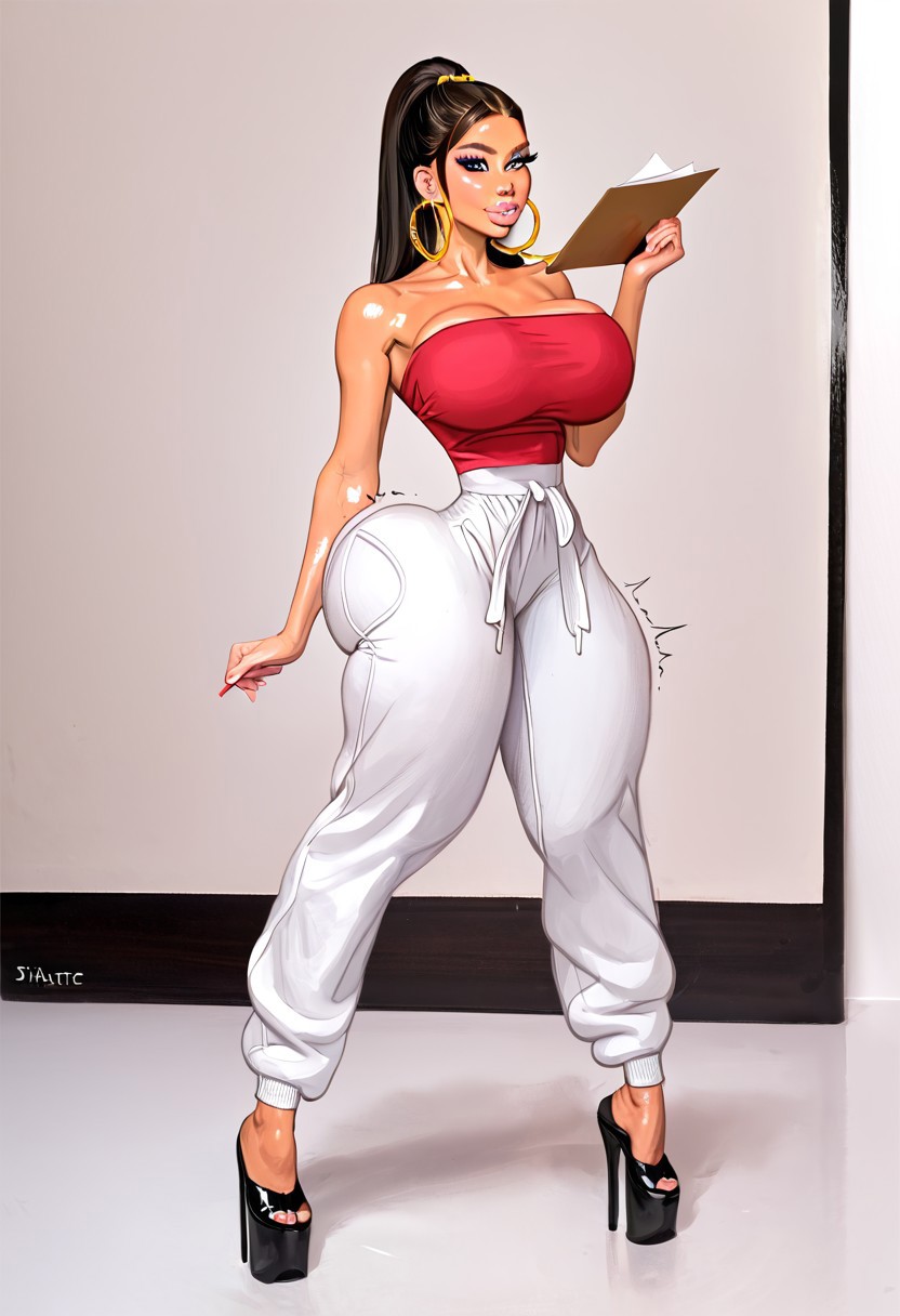 ai ai_generated asian asian_female bimbo black_hair dumptruck_ass hoop_earrings hoop_earrings_oversized megha_luxe oc original original_character platform_heels ponytail waitress