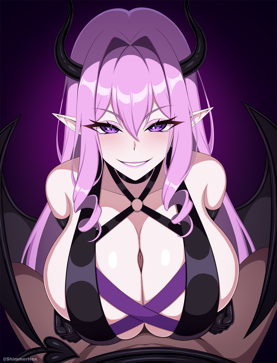 1boy, 1girls, breasts, demon, demon girl, demon horns, demon tail, demon wings, female, femdom, large breasts, latex gloves, lipstick, looking at viewer, male, original, paizuri, paizuri under clothes, pink hair, pov, purple eyes, shimmerhex, succubus