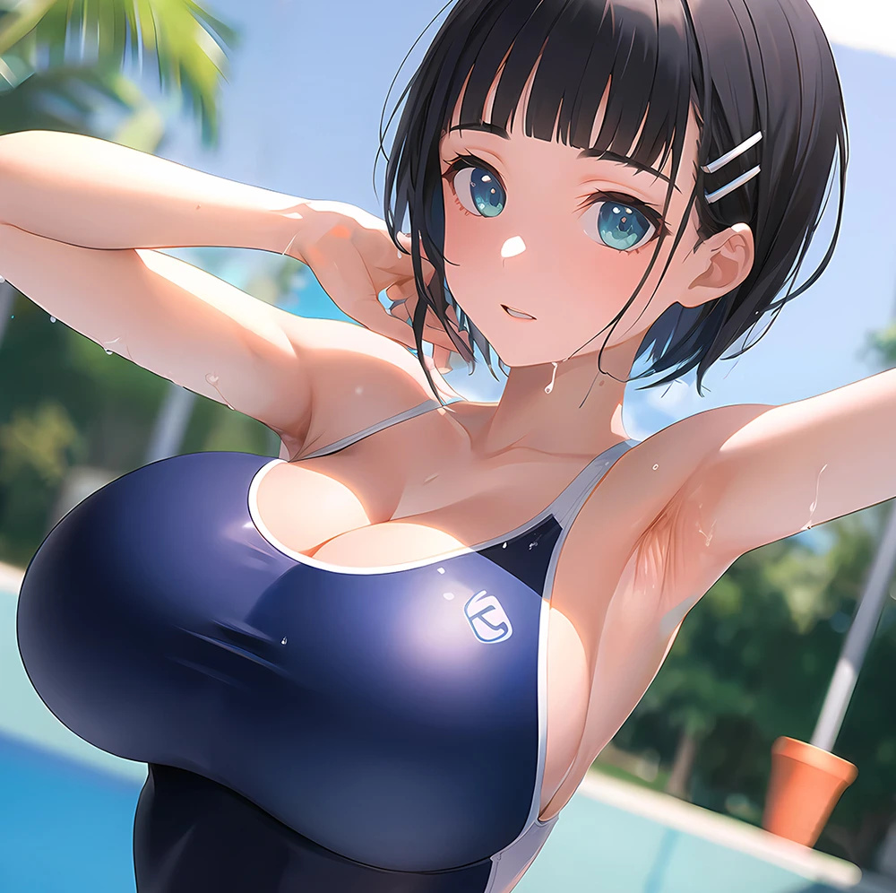 ai_generated asian asian_female bare_legs black_hair blue_eyes breast_focus gigantic_breasts huge_breasts imayoai kirigaya_suguha light-skinned_female light_skin looking_at_viewer massive_breasts one-piece_swimsuit short_hair smiling solo_female squatting sweat sweatdrop swimsuit sword_art_online thick_body thick_female voluptuous voluptuous_female