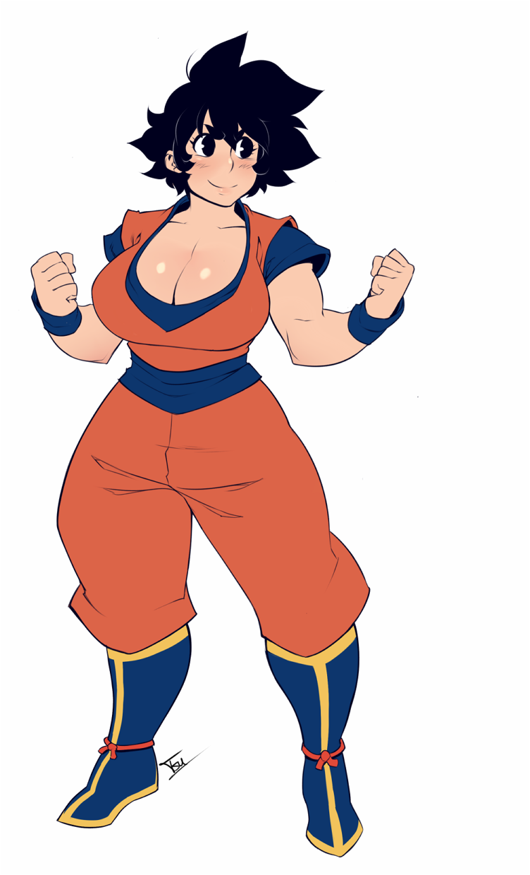 1girls, big breasts, black eyes, black hair, blue shoes, breasts, dragon ball, dragon ball super, female, female goku, genderswap, green clothing, john doe, rule 63, saiyan, son goku