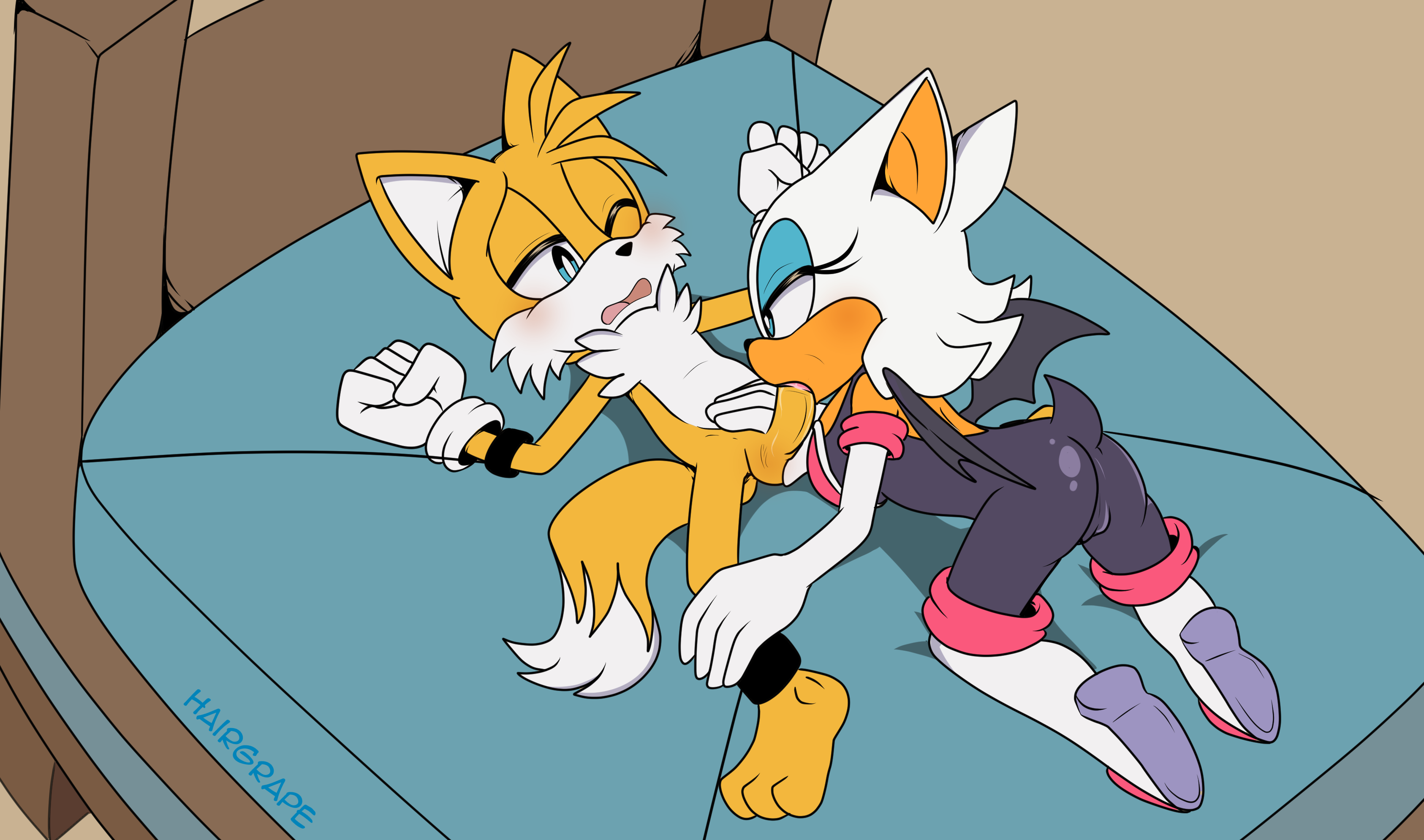 1boy, 1girls, anthro, apinkgrape, ass, ass up, bat, bed, blowjob, bondage, clothed, clothed sex, fellatio, female, femdom, fox, hairgrape, handcuffs, male, malesub, mobian (species), oral, rouge the bat, sega, sonic (series), sonic the hedgehog (series), sucking, tails, tails the fox, tied up