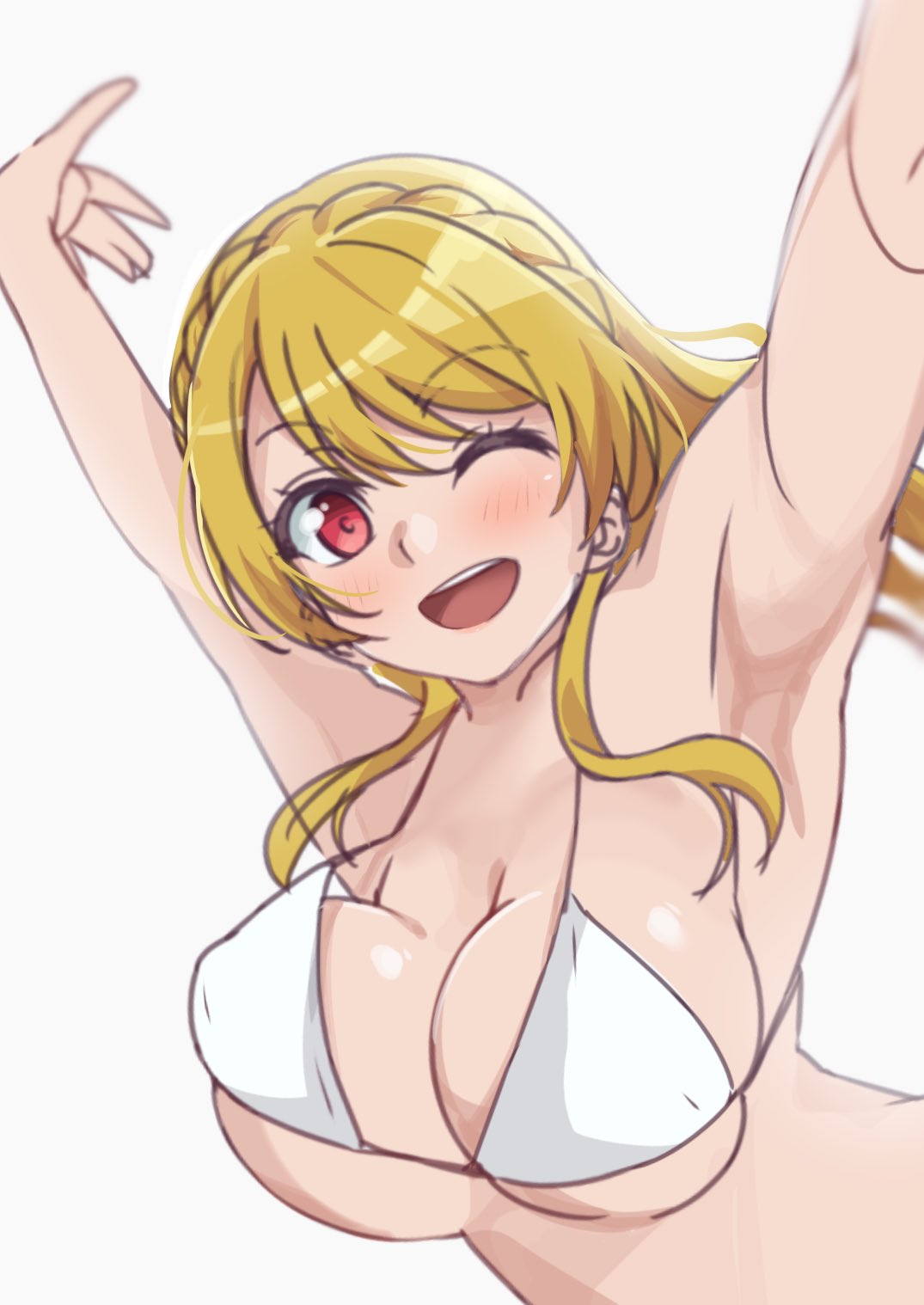 163_(shiromeshi) aimoto_rinku armpits arms_up big_breasts blush bouncing_breasts bra cleavage d4dj happy pointy_chin