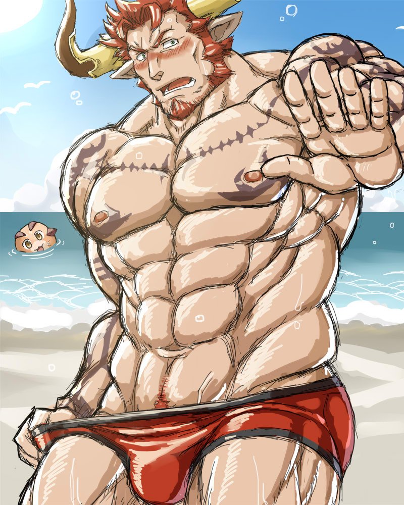 agielba akuann animal_ears balls bara blush bulge cow_ears draph facial_hair flaccid granblue_fantasy horns male male_only muscles muscular penis solo solo_male