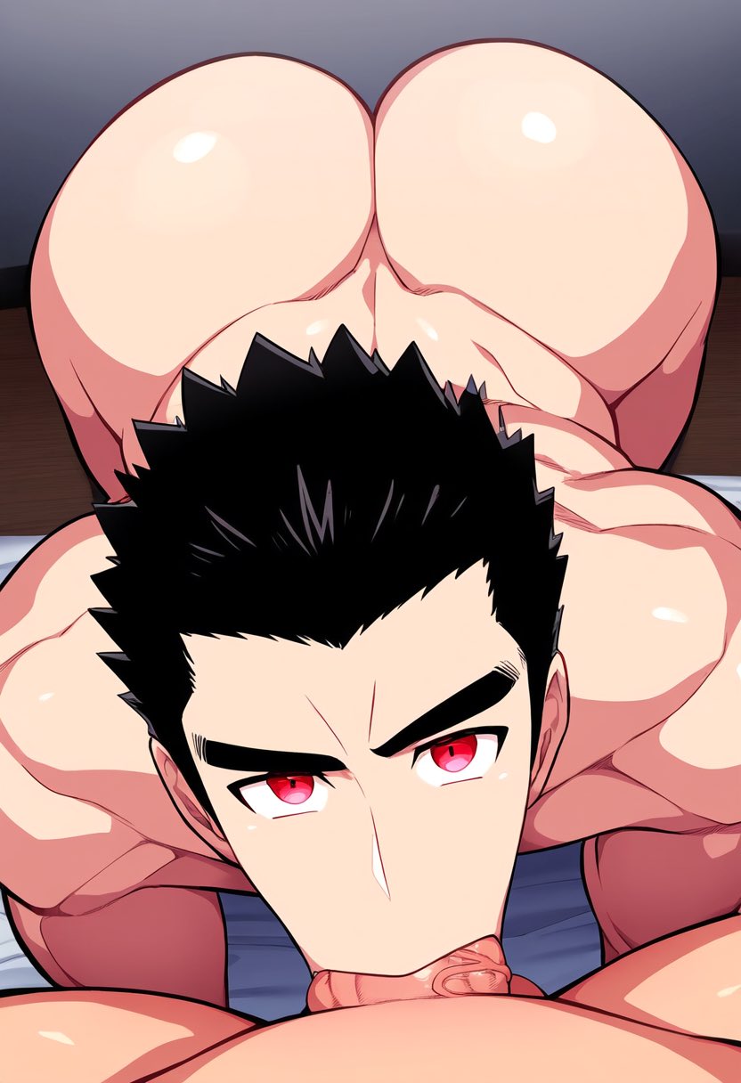 ai_generated bara big_ass big_butt big_cock big_penis black_hair danganronpa danganronpa:_trigger_happy_havoc fellatio gay kiyotaka_ishimaru looking_at_viewer male male/male male_only muscles muscular muscular_male oral oral_sex red_eyes sucking tagme vein veins veiny_penis wrioxwoof yaoi