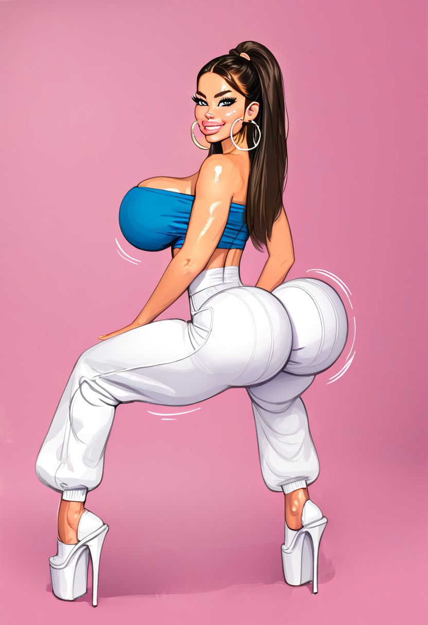 ai_generated asian asian_female bimbo bimbo_body bimbo_lips black_hair bubble_ass hoop_earrings megha_luxe oc original_character ponytail round_ass shaking_ass shaking_butt showing_off showing_off_ass smiling smiling_at_viewer smirk smug twerking