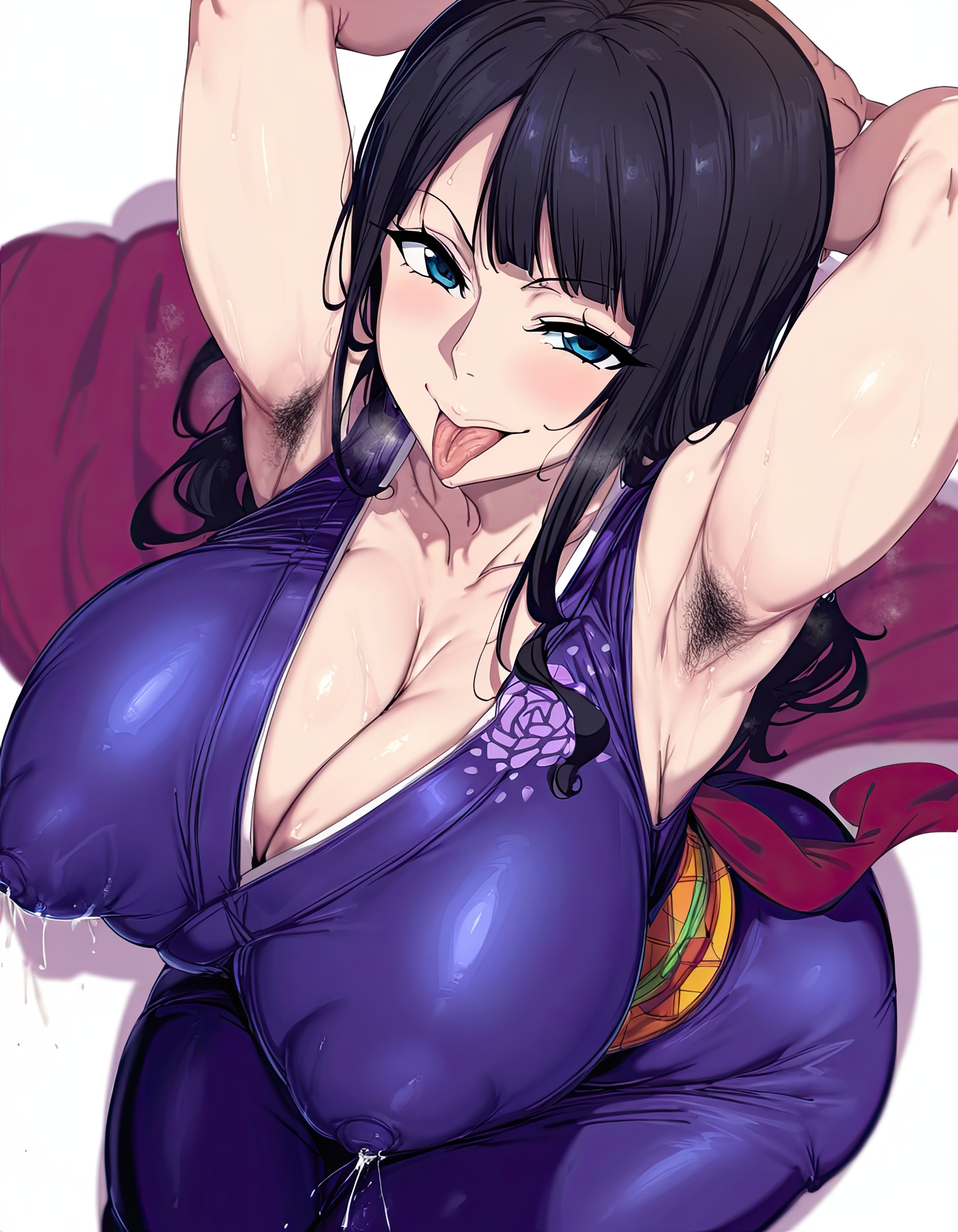 1girls, ai generated, armpit hair, armpits, arms behind head, big breasts, black hair, blue eyes, breasts, busty, cleavage, covered nipples, deepjungle, female, female only, lactation, large breasts, legs, naughty face, nico robin, one piece, pose, posing, sensual, smile, thick thighs, thighs, tongue, tongue out