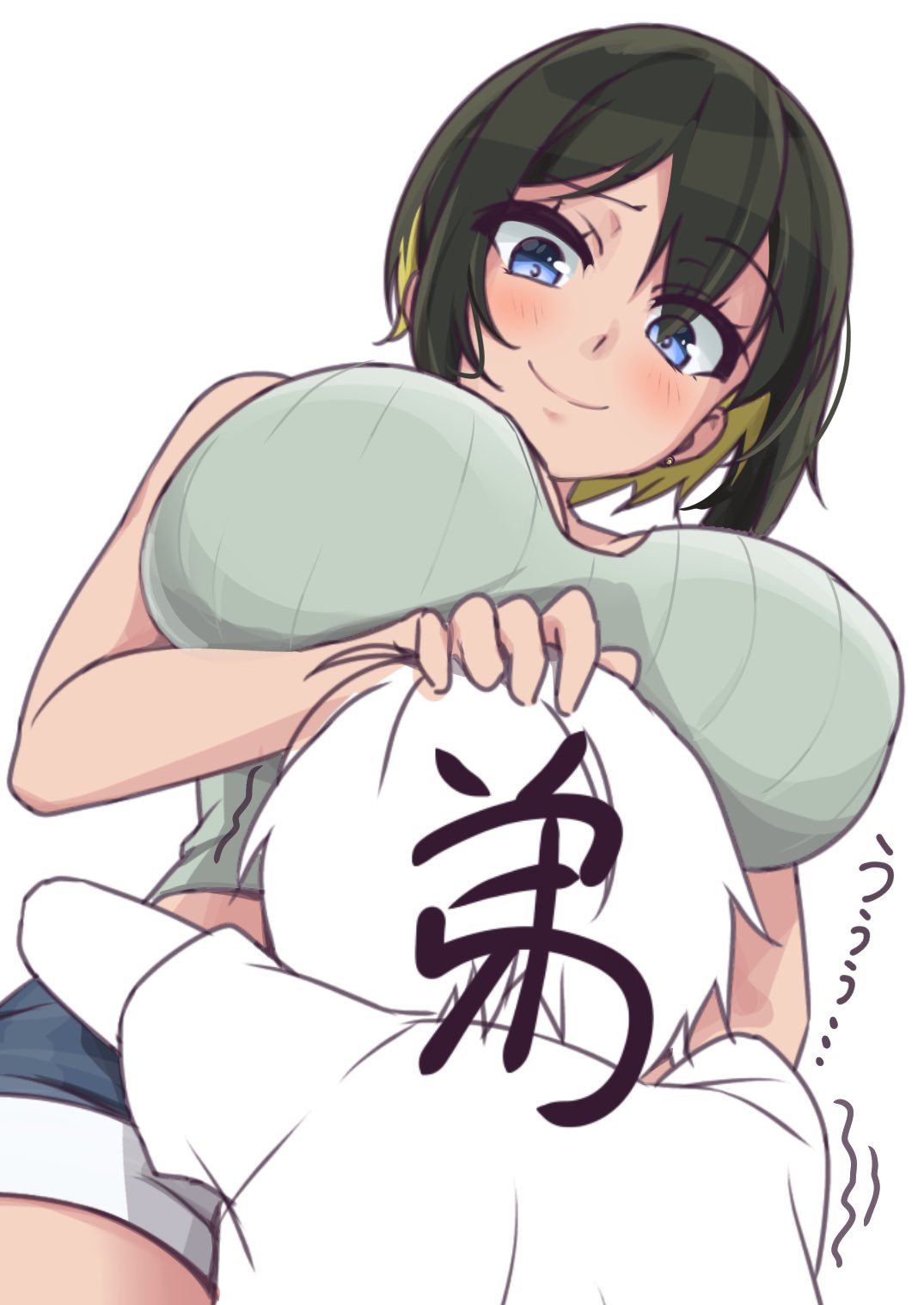 163_(shiromeshi) akashi_maho blush d4dj hand_on_head huge_breasts hugging japanese_text