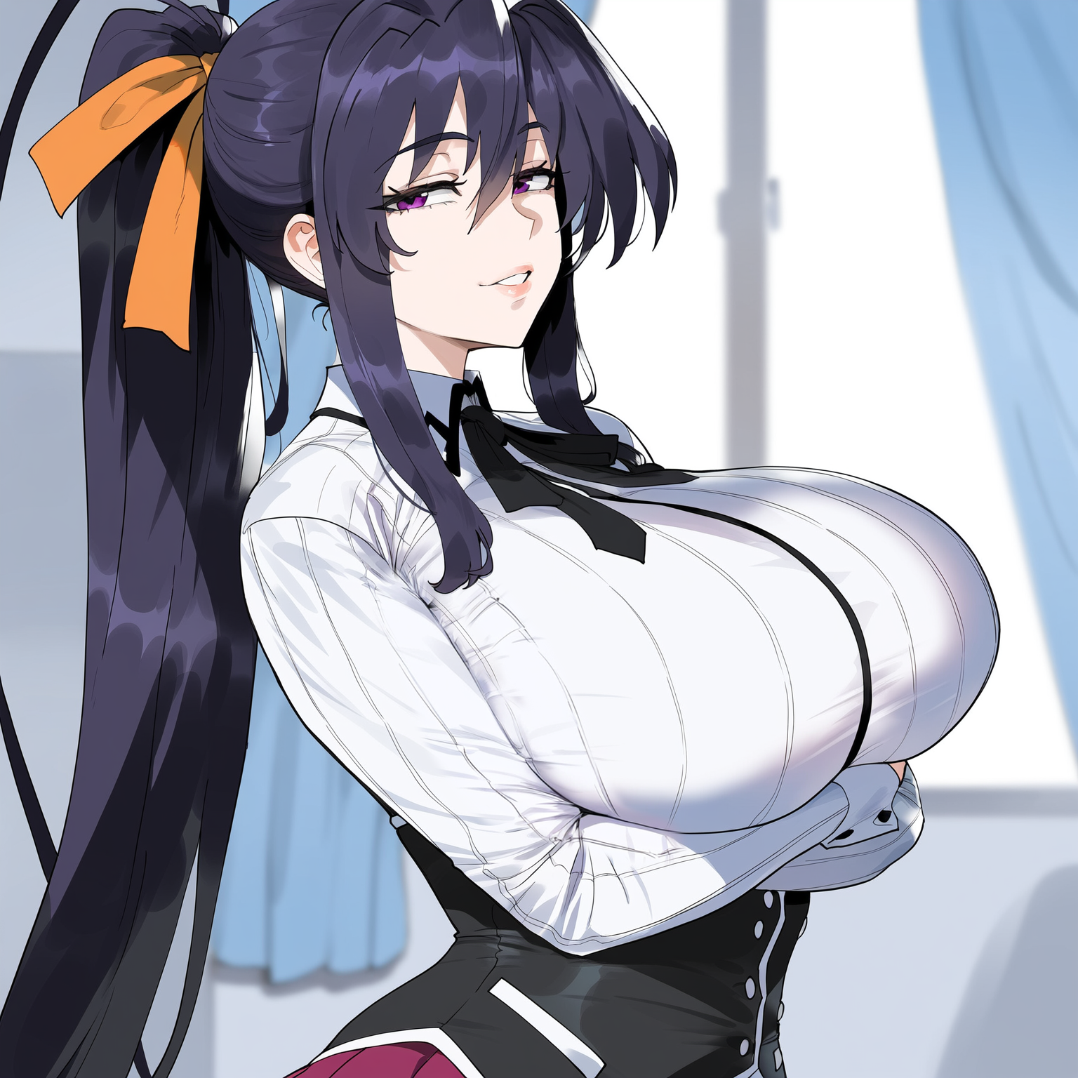 1girls, ai generated, akeno himejima, arms under breasts, breasts, creamy ai, curvy, female, high school dxd, huge breasts, long hair, narrow waist, purple eyes, purple hair, school uniform, solo, upper body, wide hips
