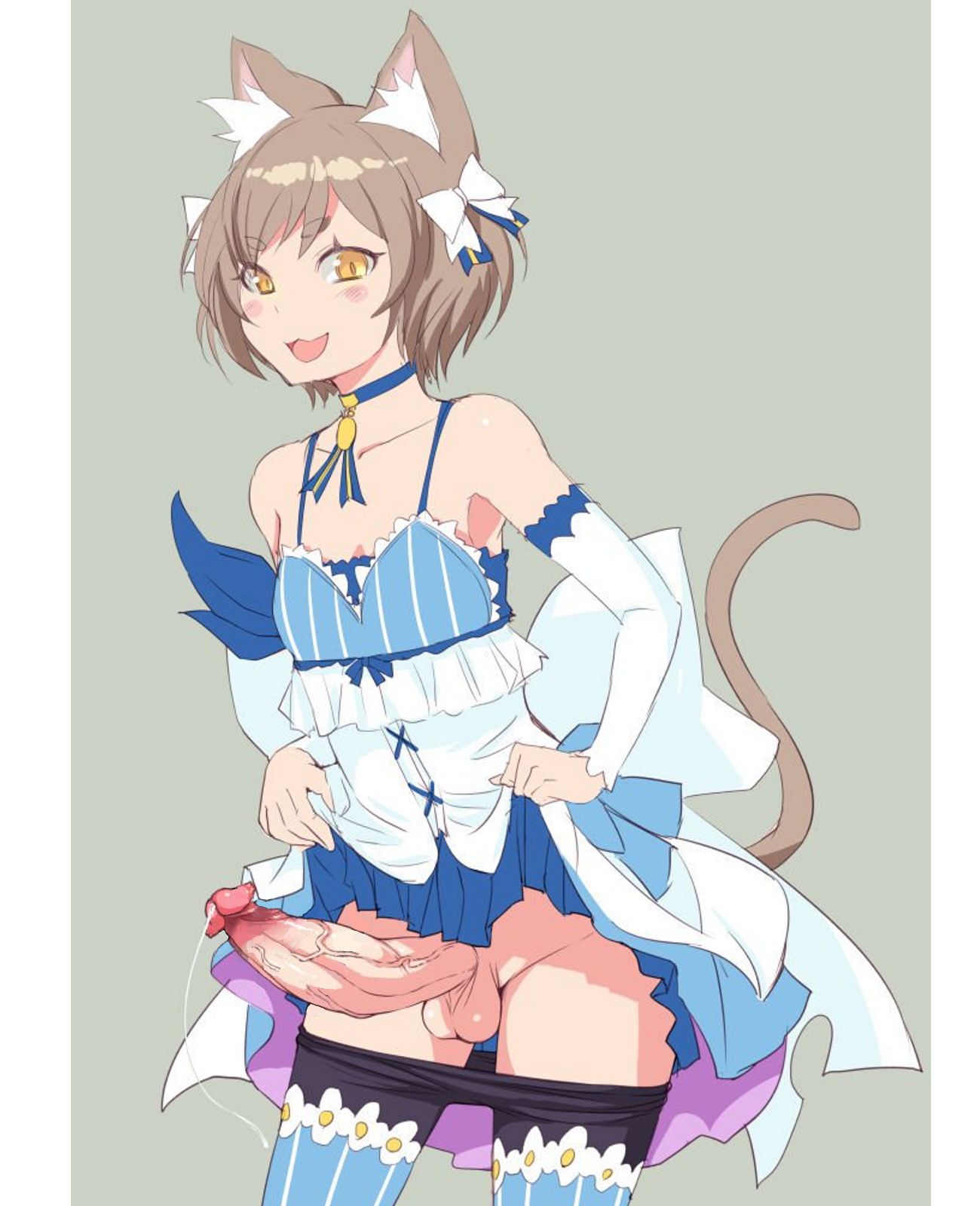:3, 1boy, amber eyes, animal ear fluff, animal ears, animal tail, arm ribbon, balls, bangs, bare shoulders, black legwear, blue choker, blue dress, blue legwear, blue ribbon, blush, bob cut, bottomless skirt, bow, brown eyes, brown hair, cat boy, cat ears, cat humanoid, cat tail, catboy, crossdressing, dress, dress lift, edit, erection, erection under clothes, erection under skirt, felix argyle, femboy, large penis, male, male only, penis, penis out, penis under clothes, penis under skirt, re:zero kara hajimeru isekai seikatsu, sagging balls, skirt, skirt lift, theuncensorwizard, trap