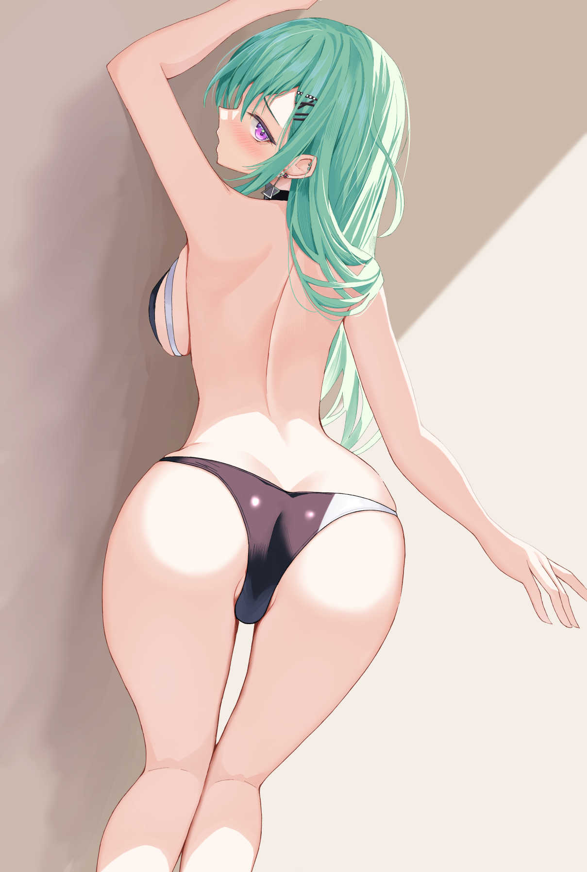 1girls arm_up ass back bikini black_bikini blush commentary_request hair_ornament highres long_hair looking_at_viewer looking_back median_furrow oniku_(o29sukizero) purple_eyes solo swimsuit thighs two-tone_bikini virtual_youtuber vspo! white_bikini x_hair_ornament yakumo_beni yakumo_beni_(3rd_anniversary)