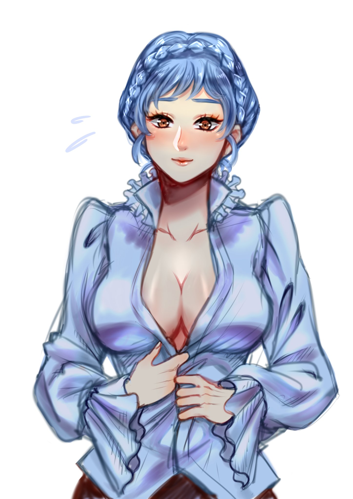 blue hair, breasts, brown eyes, cleavage, crown braid, female, fire emblem, fire emblem: three houses, large breasts, marianne von edmund, open clothes, sakudrew